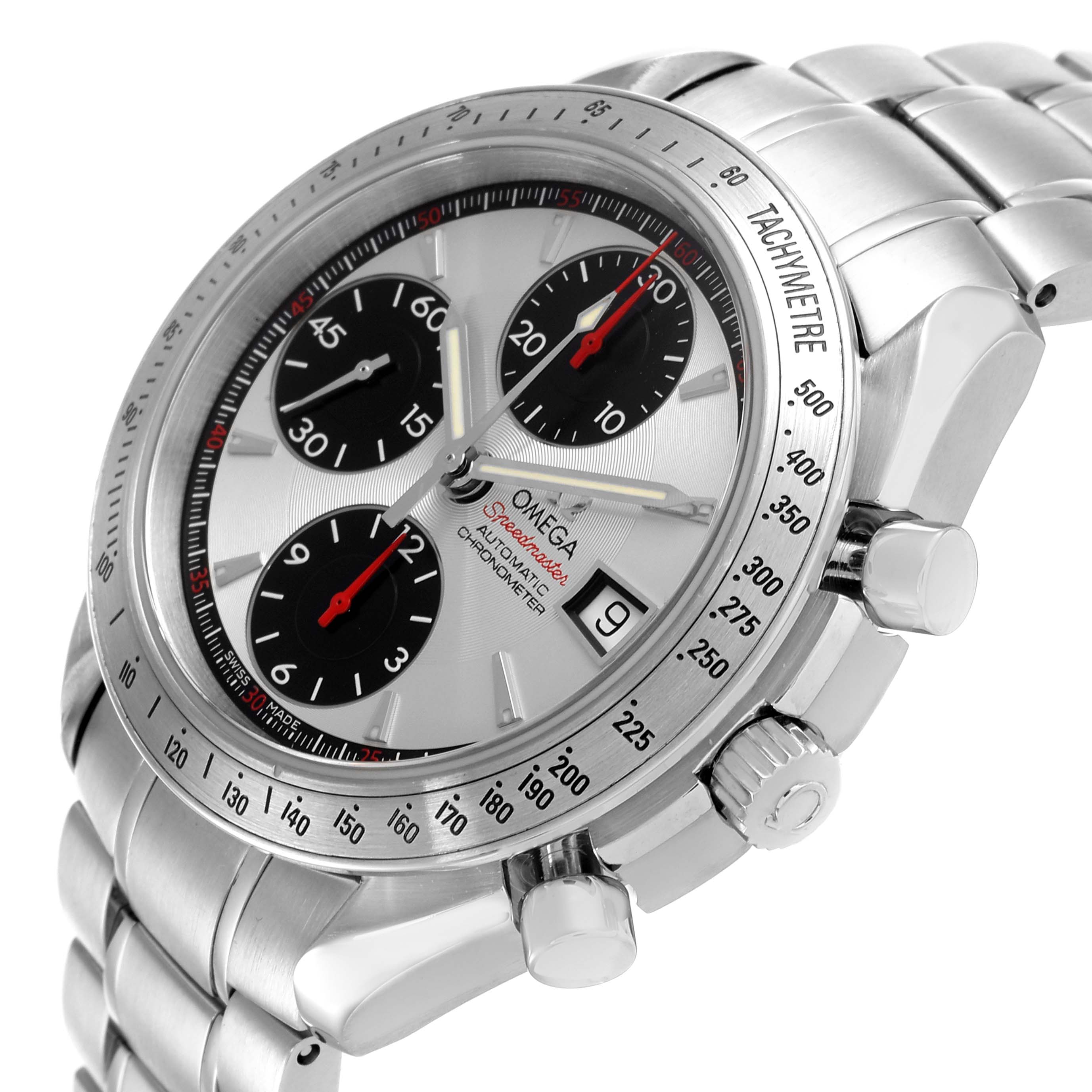 The Omega Speedmaster 3211.31.00 Men
s Stainless Steel Silver Dial 3211.31.00 Men
s Stainless Steel Silver Dial watch is shown at an angle highlighting the dial, bezel, subdials, and metal bracelet.