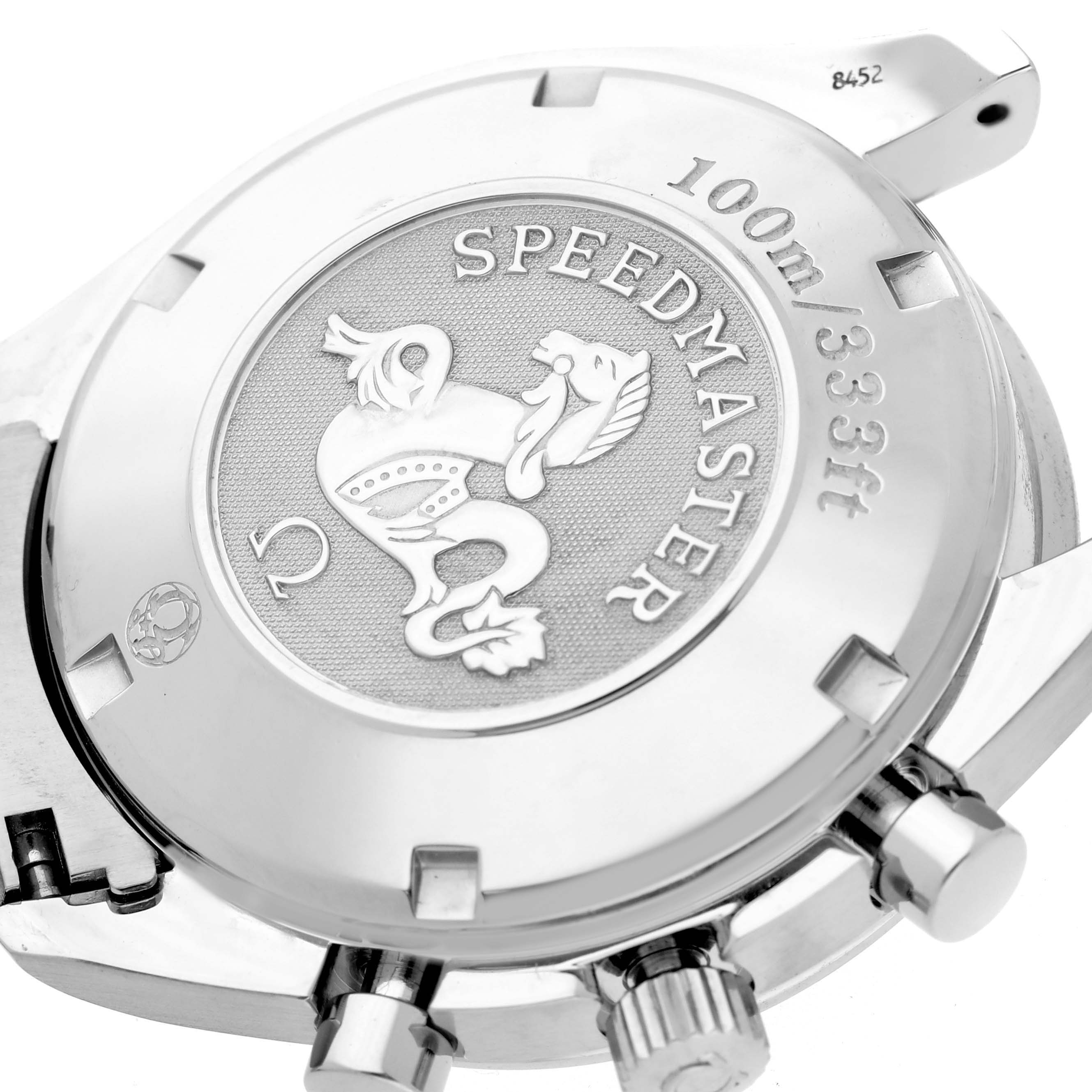 The image shows the back of an Omega Speedmaster 3211.31.00 Men
s Stainless Steel Silver Dial 3211.31.00 Men
s Stainless Steel Silver Dial watch with its emblem, text, and pushers.