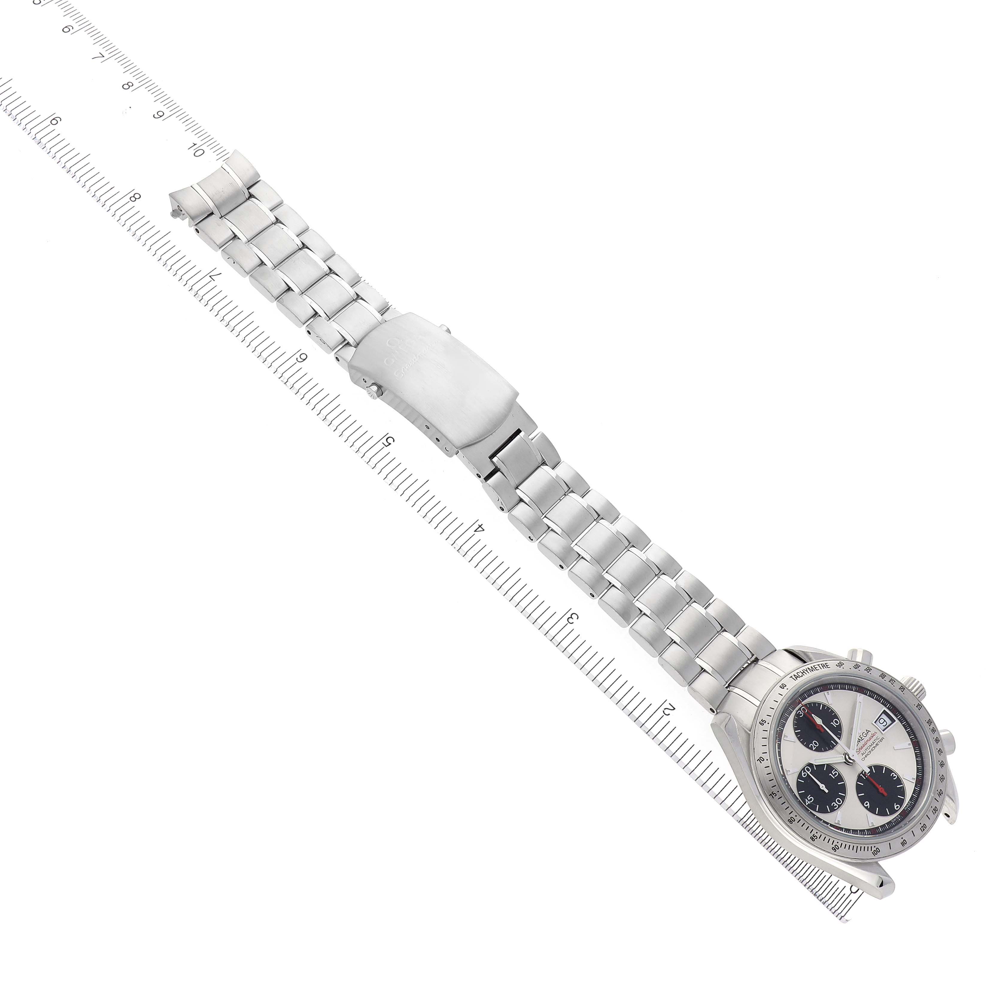 The Omega Speedmaster 3211.31.00 Men
s Stainless Steel Silver Dial 3211.31.00 Men
s Stainless Steel Silver Dial watch is shown from a top-down angle, displaying the entire bracelet and dial.