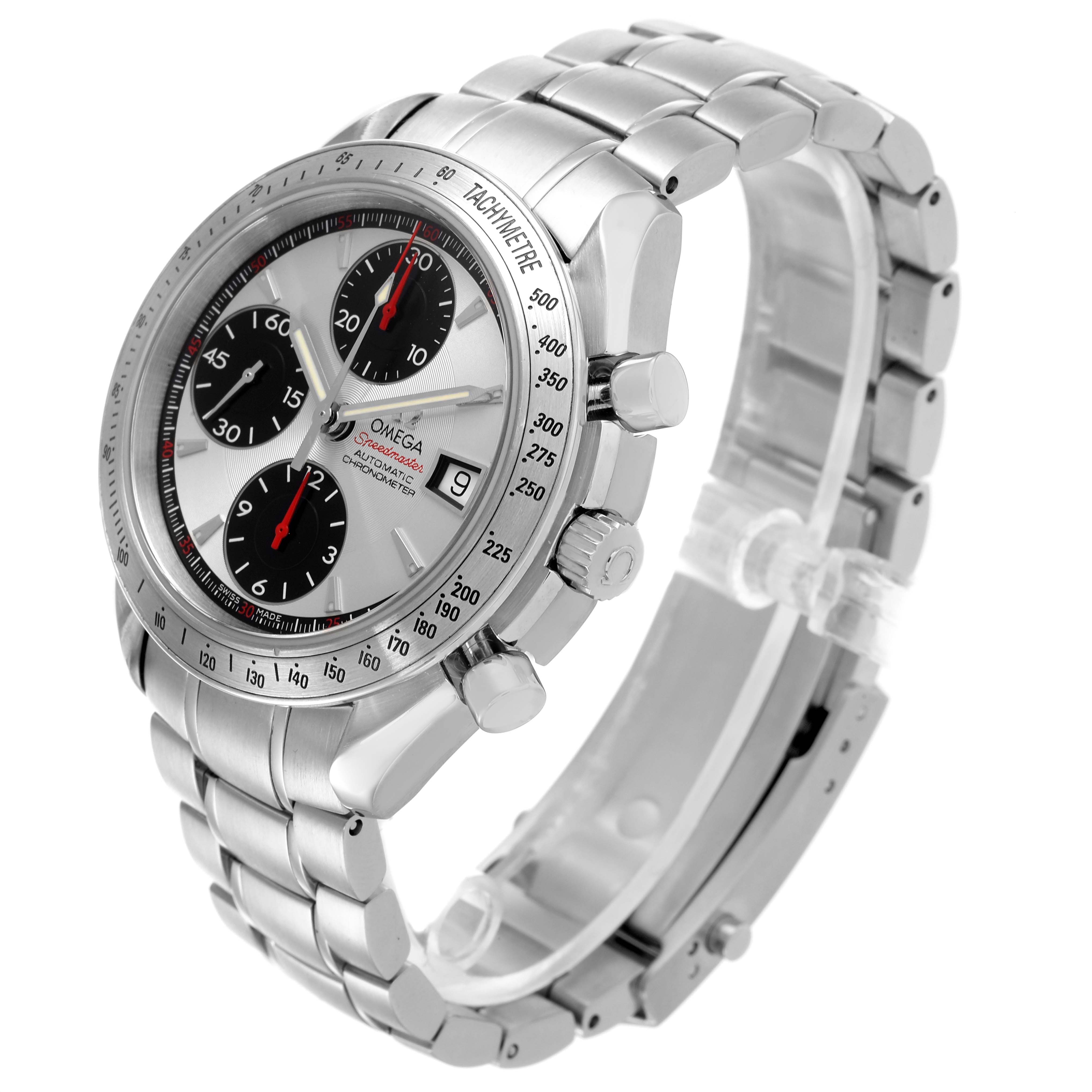 The Omega Speedmaster 3211.31.00 Men
s Stainless Steel Silver Dial 3211.31.00 Men
s Stainless Steel Silver Dial watch is shown at a side angle, displaying the face, bezel, crown, and bracelet links.