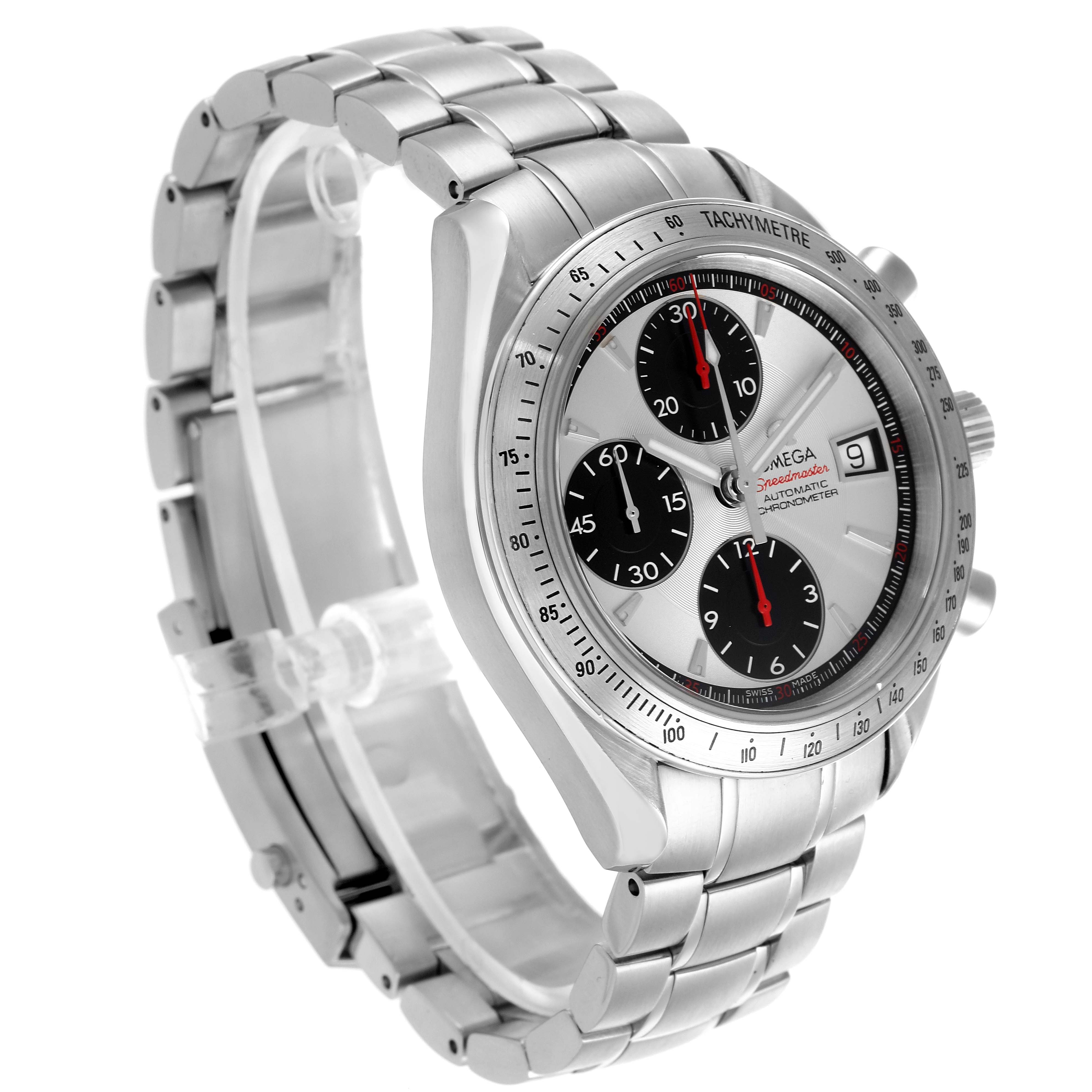The Omega Speedmaster 3211.31.00 Men
s Stainless Steel Silver Dial 3211.31.00 Men
s Stainless Steel Silver Dial is shown at a three-quarter angle, highlighting the dial, tachymeter bezel, and stainless steel bracelet.
