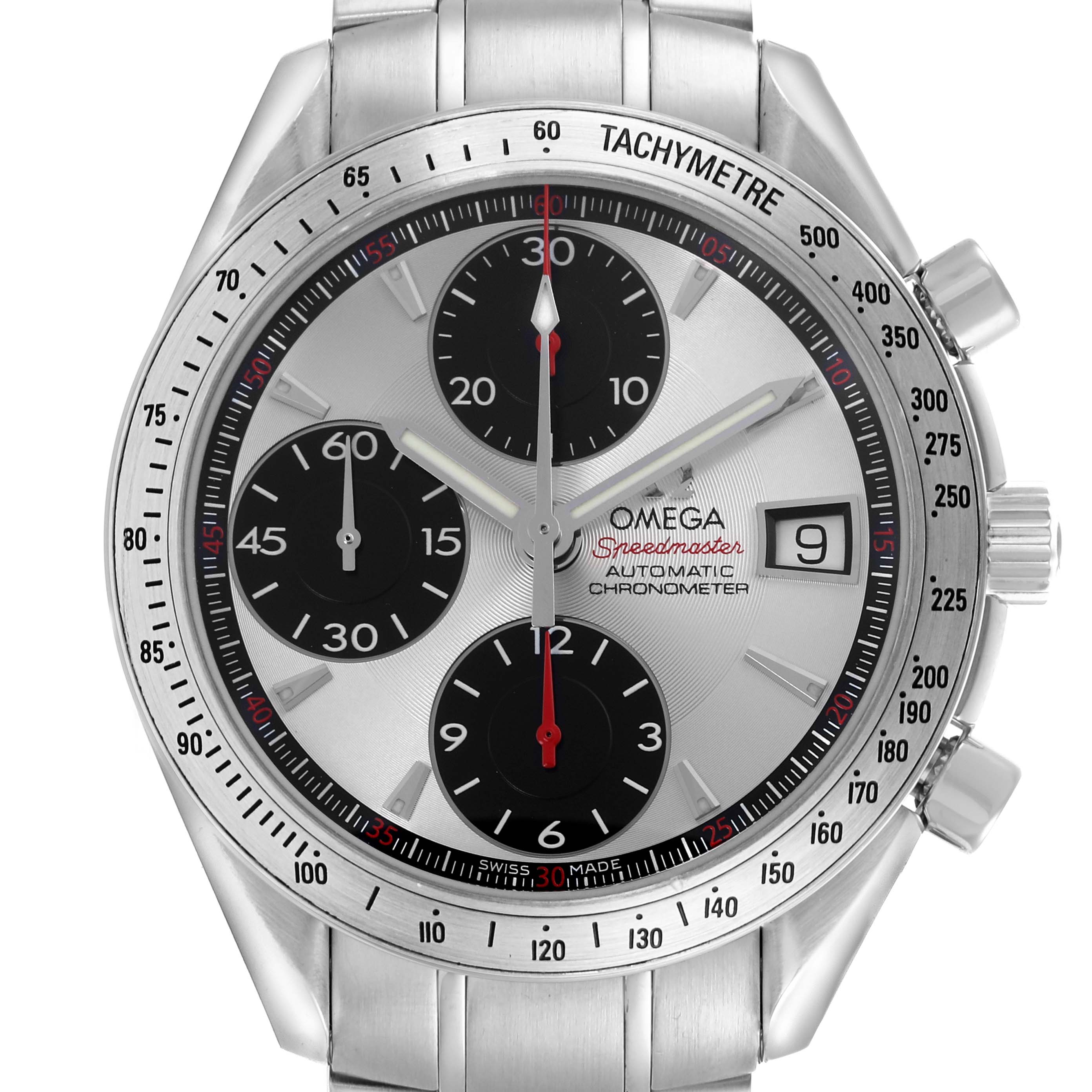 The Omega Speedmaster 3211.31.00 Men
s Stainless Steel Silver Dial 3211.31.00 Men
s Stainless Steel Silver Dial watch is shown from a front angle, displaying its dial, subdials, tachymeter, and crown.