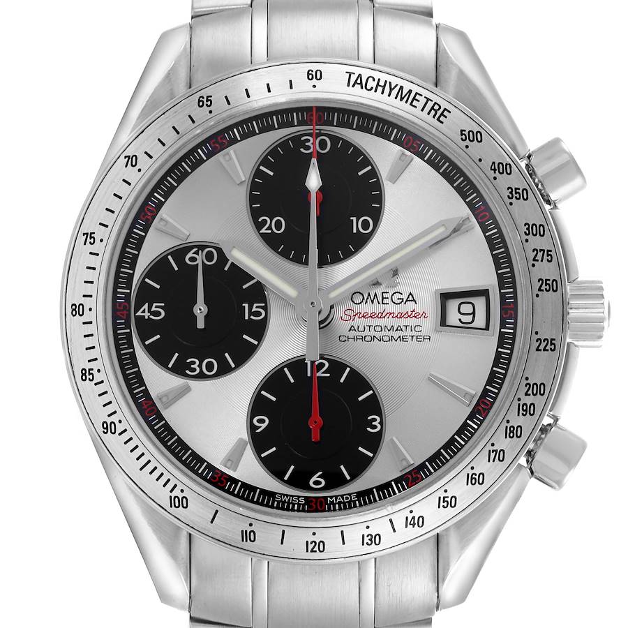 The Omega Speedmaster watch is shown from a front angle, displaying its dial, subdials, tachymeter, and crown.