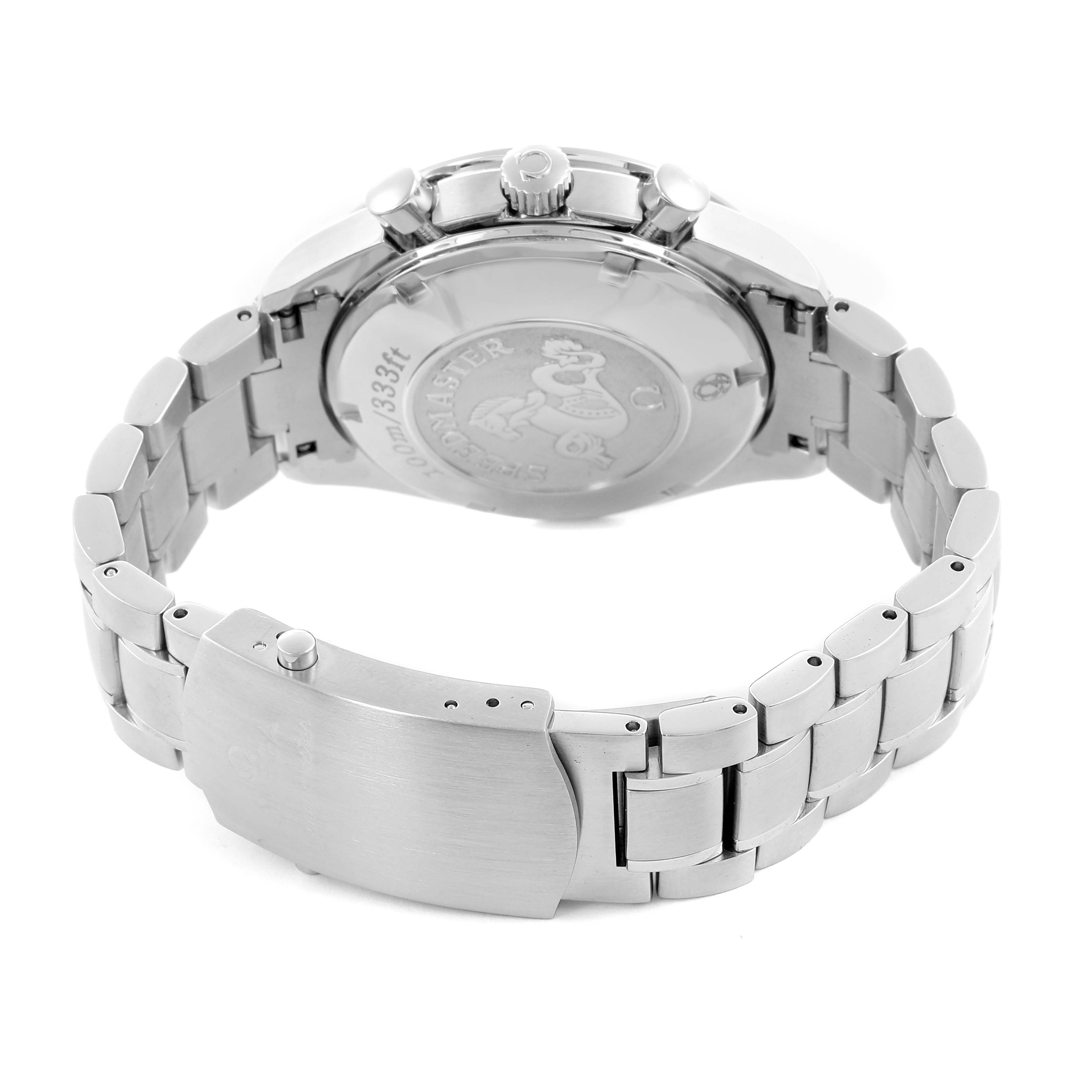 The image shows the back case, crown, pushers, and bracelet of an Omega Speedmaster 3211.31.00 Men
s Stainless Steel Silver Dial 3211.31.00 Men
s Stainless Steel Silver Dial watch from a rear angle.