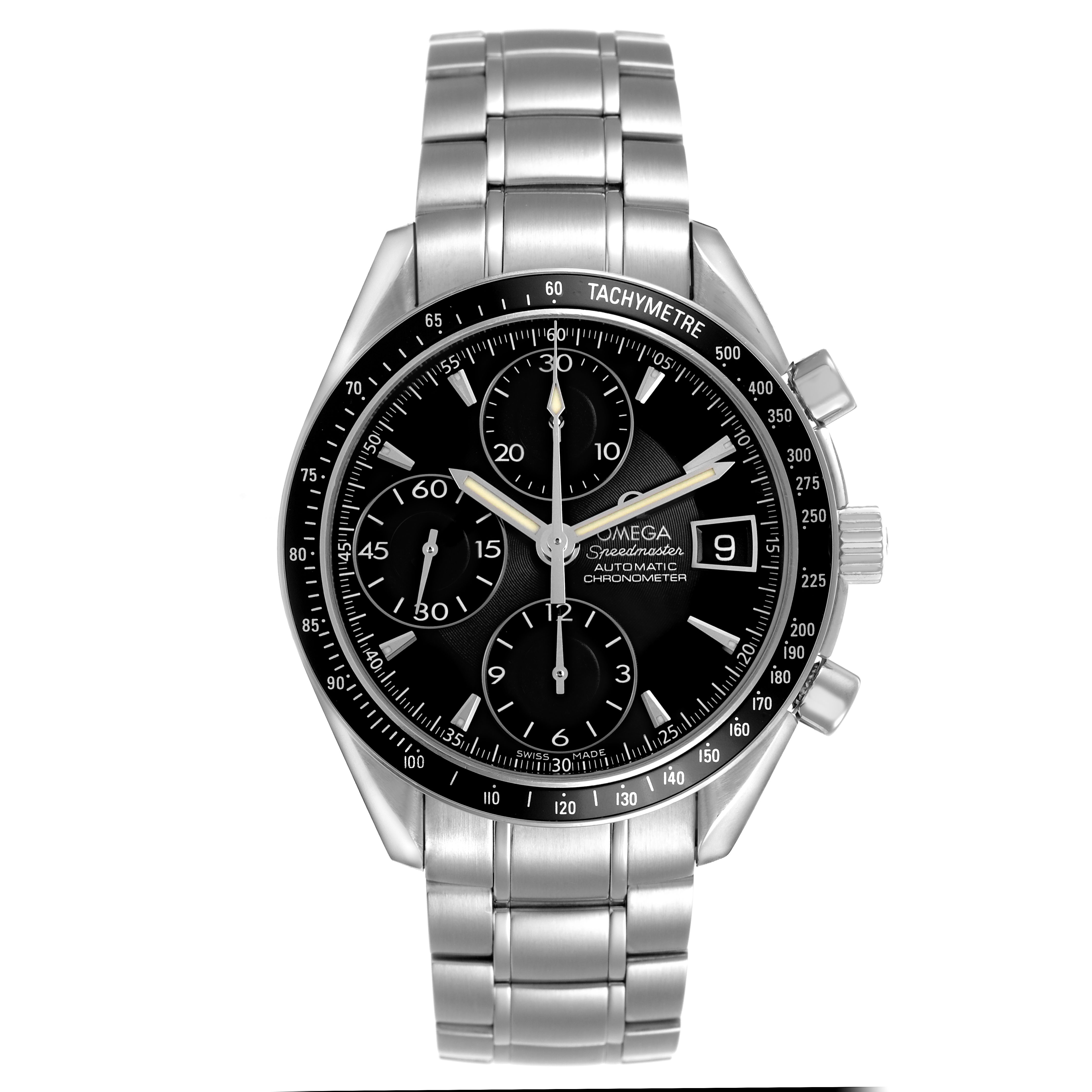 The Omega Speedmaster 3210.50.00 Men's Stainless Steel Black Dial watch is shown from the front, displaying its face, tachymeter bezel, and stainless steel bracelet.