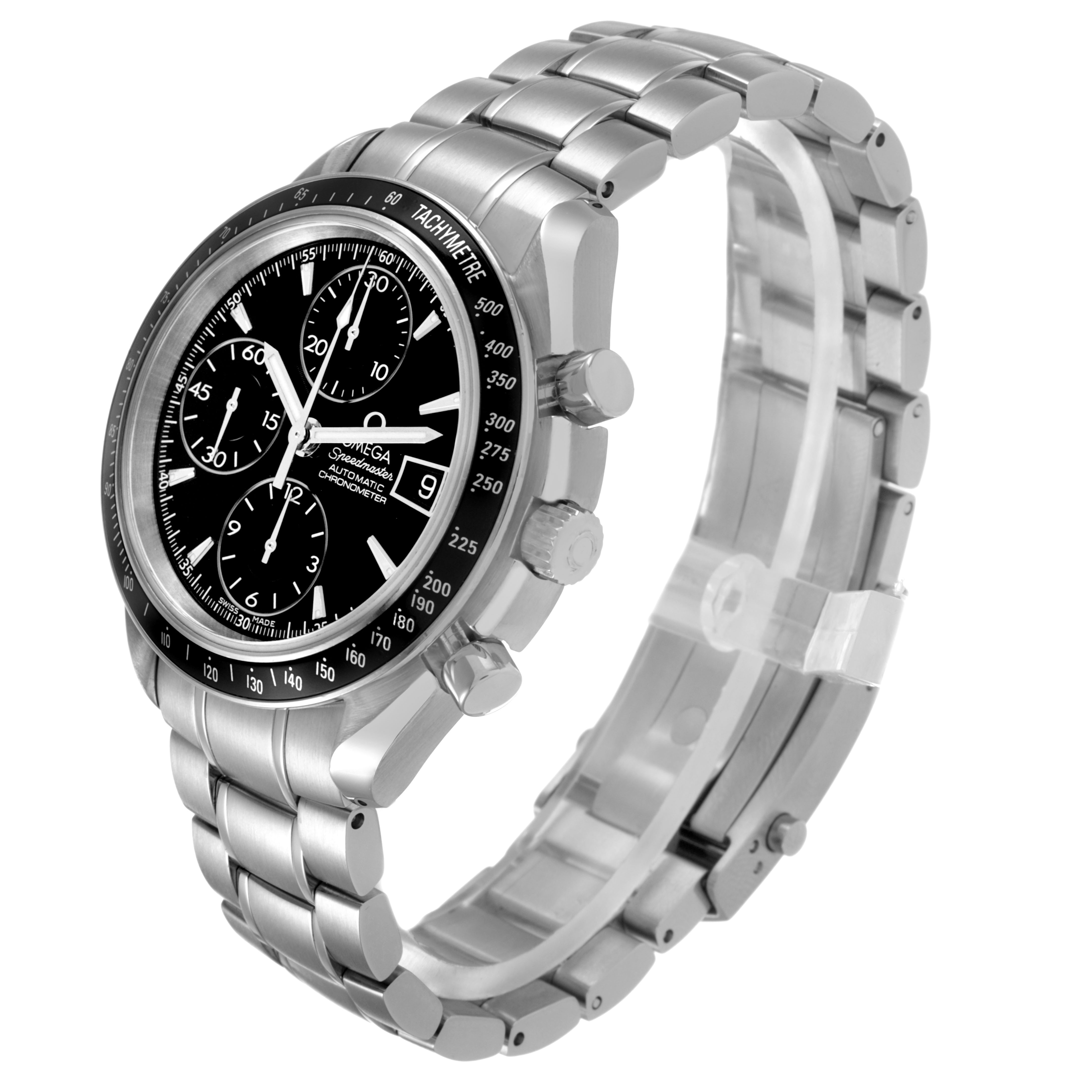 The Omega Speedmaster 3210.50.00 Men's Stainless Steel Black Dial watch is shown at a three-quarter angle, displaying its face, bracelet, and side pushers.