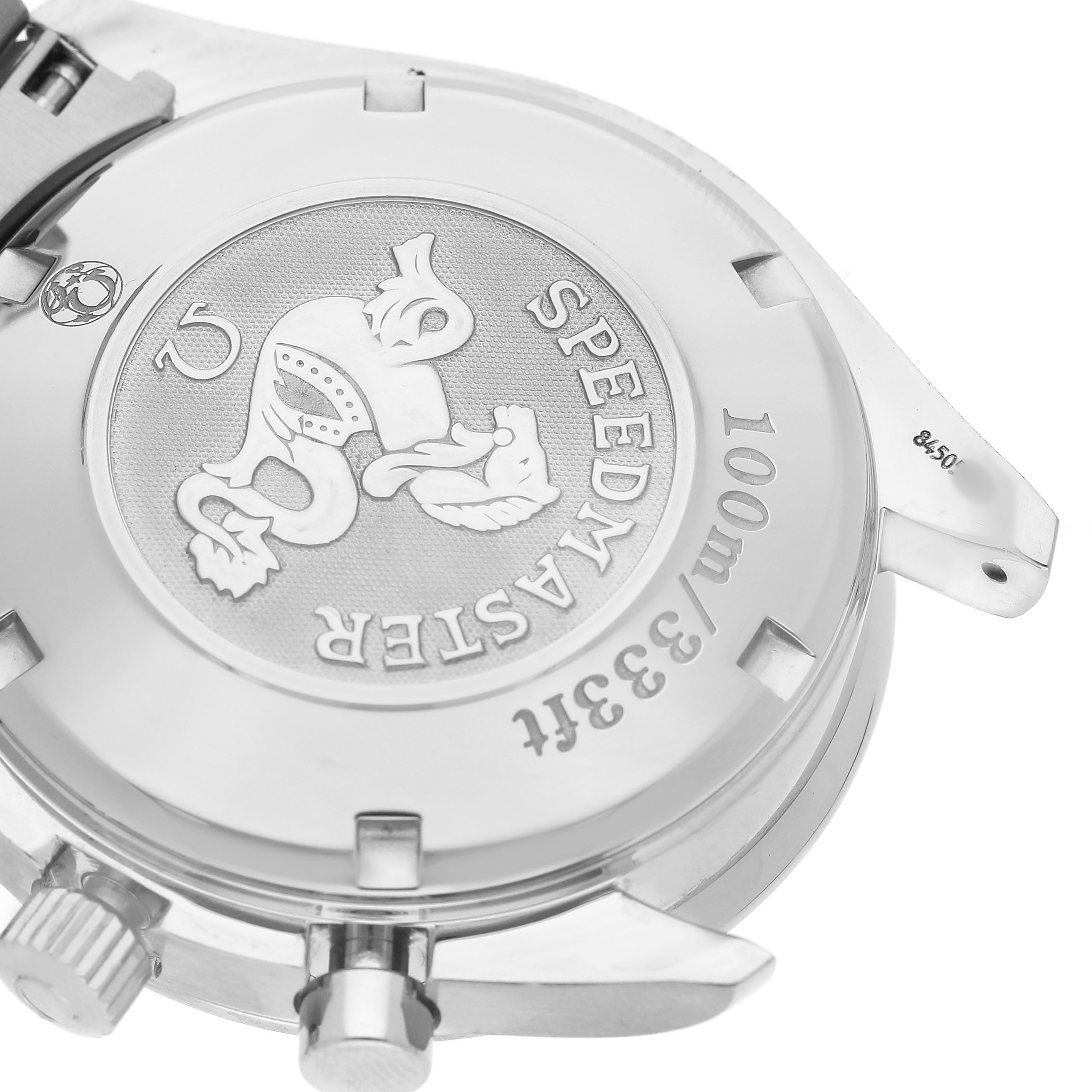 The image shows the back of an Omega Speedmaster 3210.50.00 Men's Stainless Steel Black Dial watch displaying the case back with engravings and the crown.