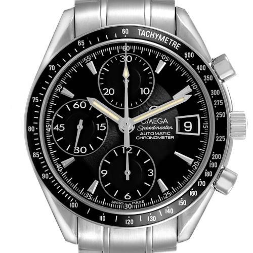 The Omega Speedmaster 3210.50.00 Men's Stainless Steel Black Dial watch is shown from a front view, highlighting the dial, subdials, date window, and tachymeter bezel.