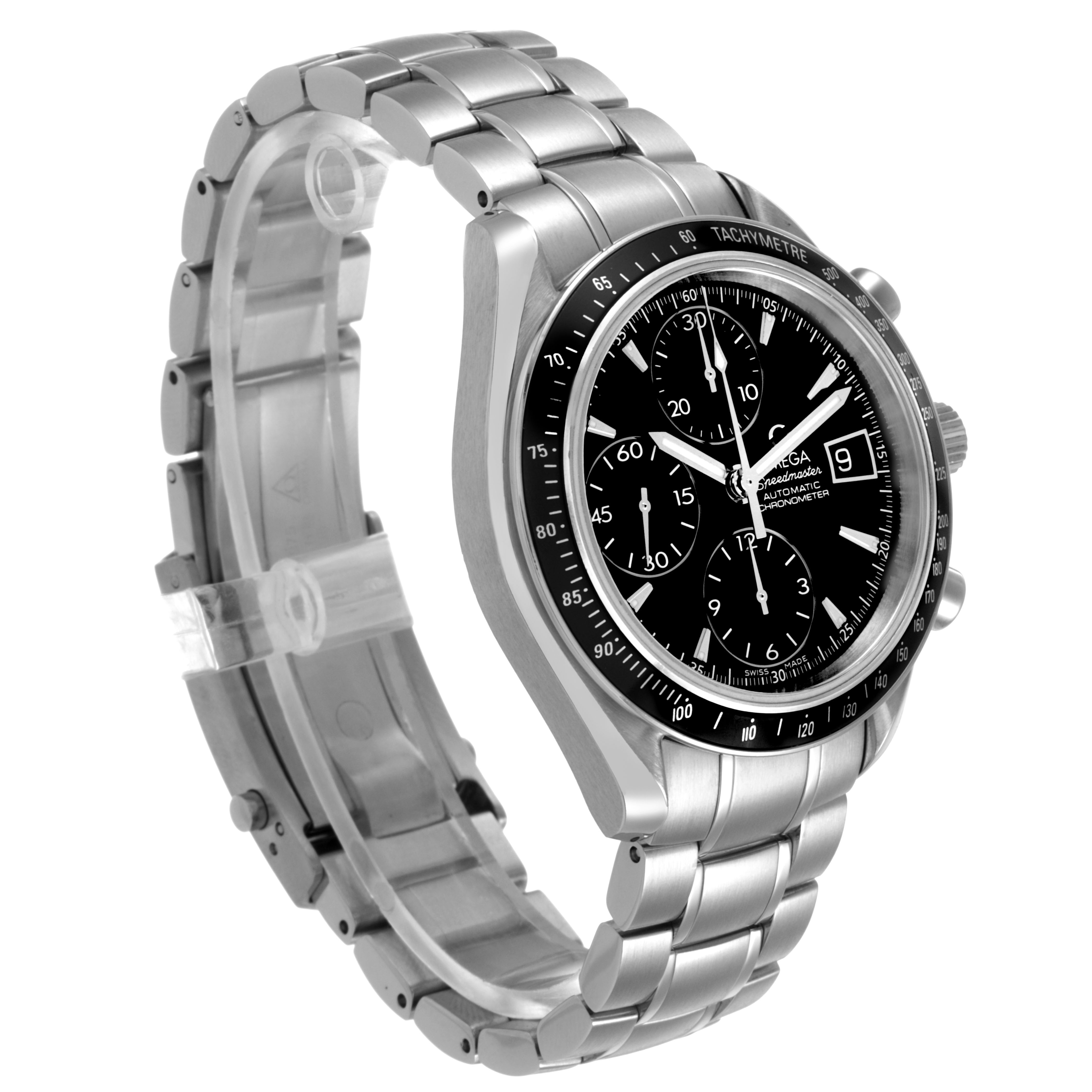 The Omega Speedmaster 3210.50.00 Men's Stainless Steel Black Dial is shown at a three-quarter angle, highlighting the face, bezel, and metal bracelet.