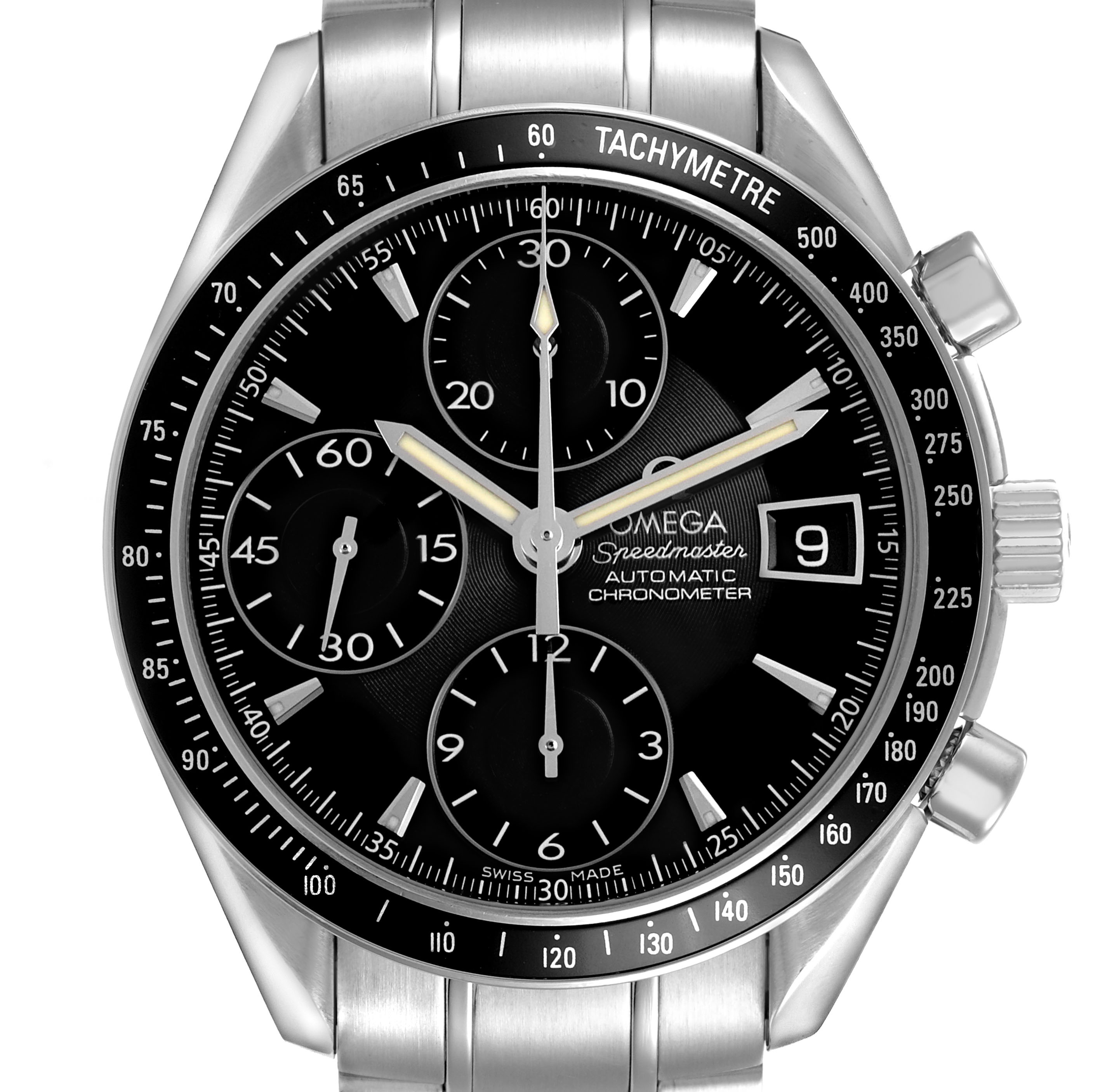The Omega Speedmaster 3210.50.00 Men's Stainless Steel Black Dial watch is shown from the front, displaying the dial, subdials, tachymeter, and crown.