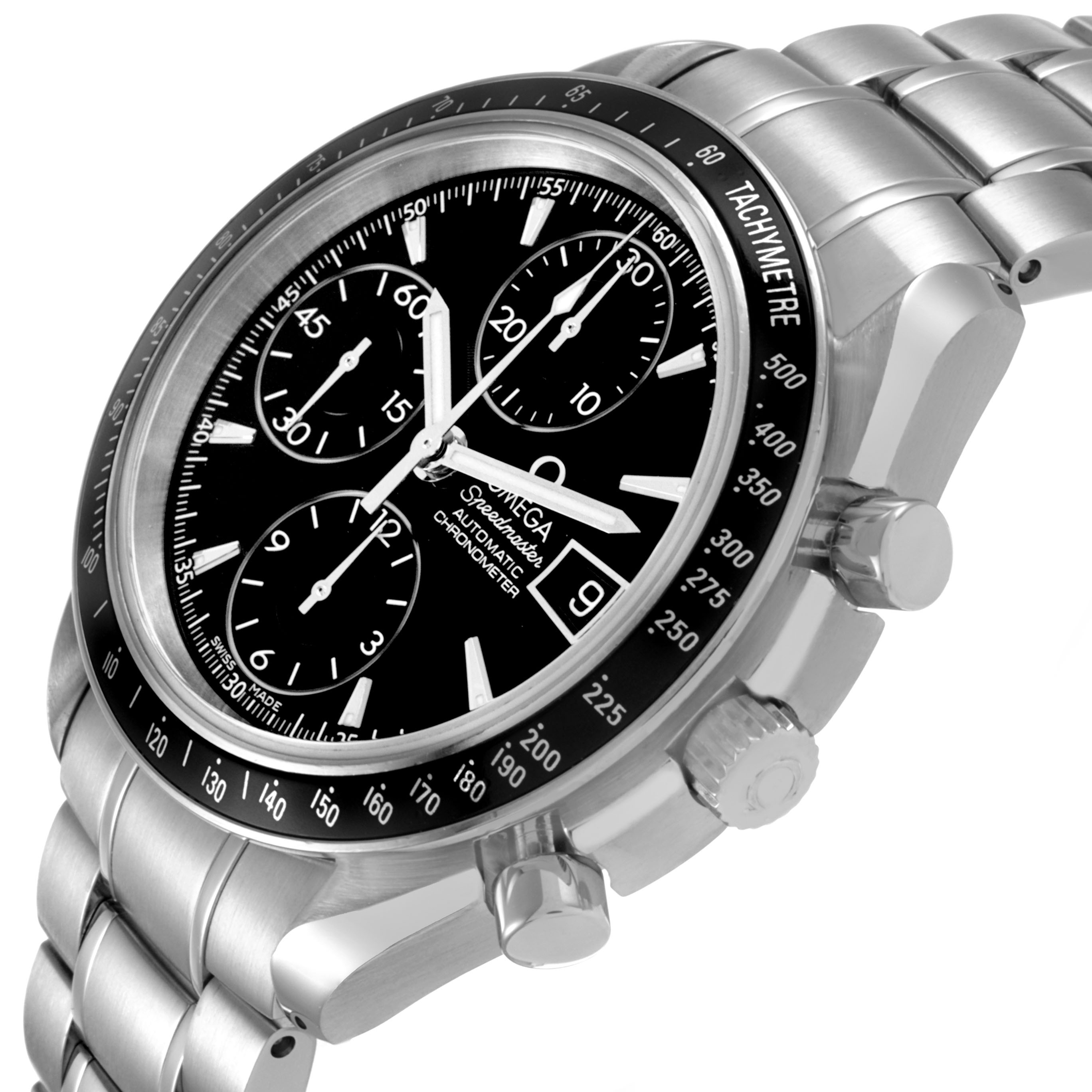 The Omega Speedmaster 3210.50.00 Men's Stainless Steel Black Dial watch is shown at a slight angle, highlighting the bezel, dial, pushers, and bracelet.
