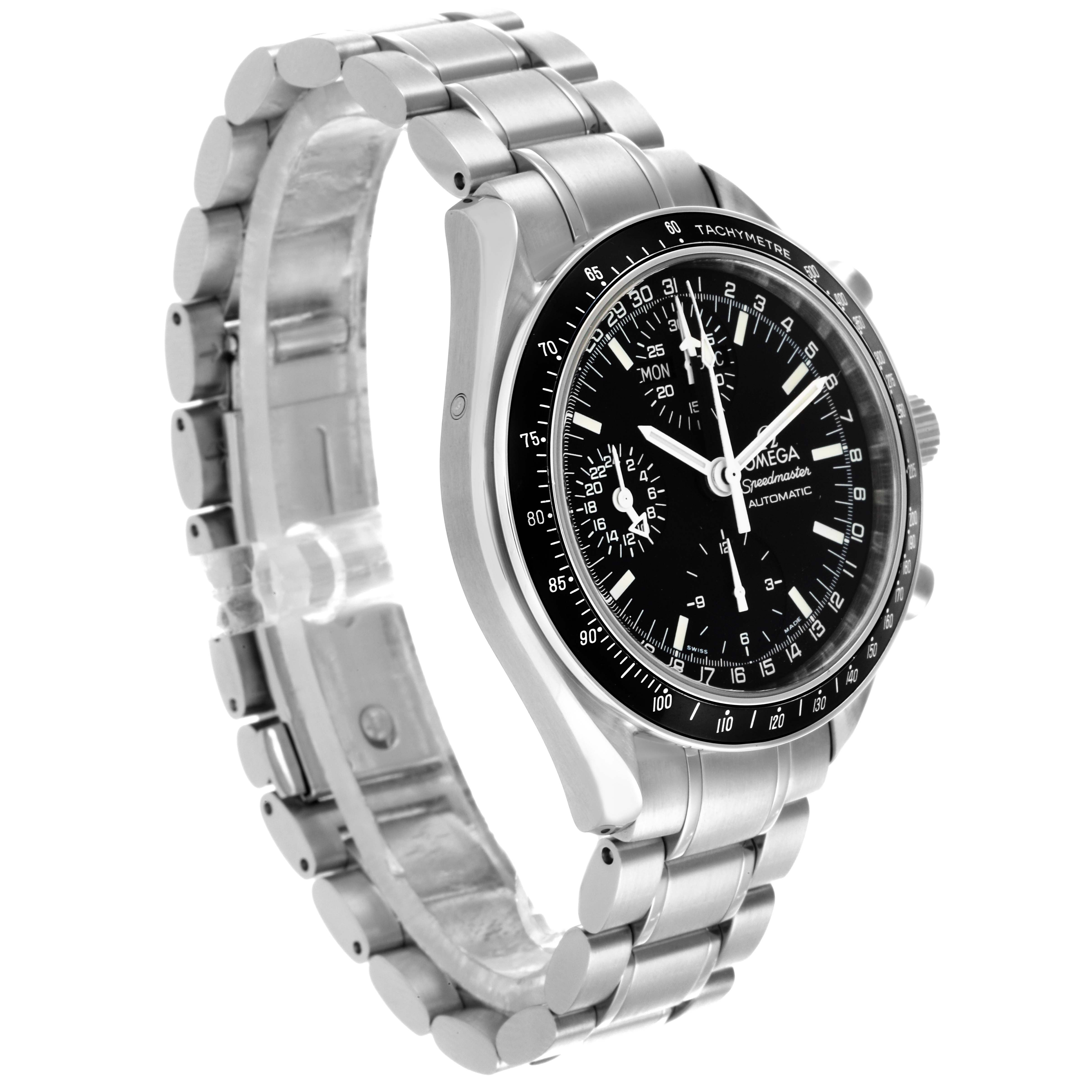 The Omega Speedmaster 3520.50.00 Men
s Stainless Steel Black Dial 3520.50.00 Men
s Stainless Steel Black Dial watch is shown at a three-quarter angle, displaying the face, bezel, crown, and stainless steel bracelet.