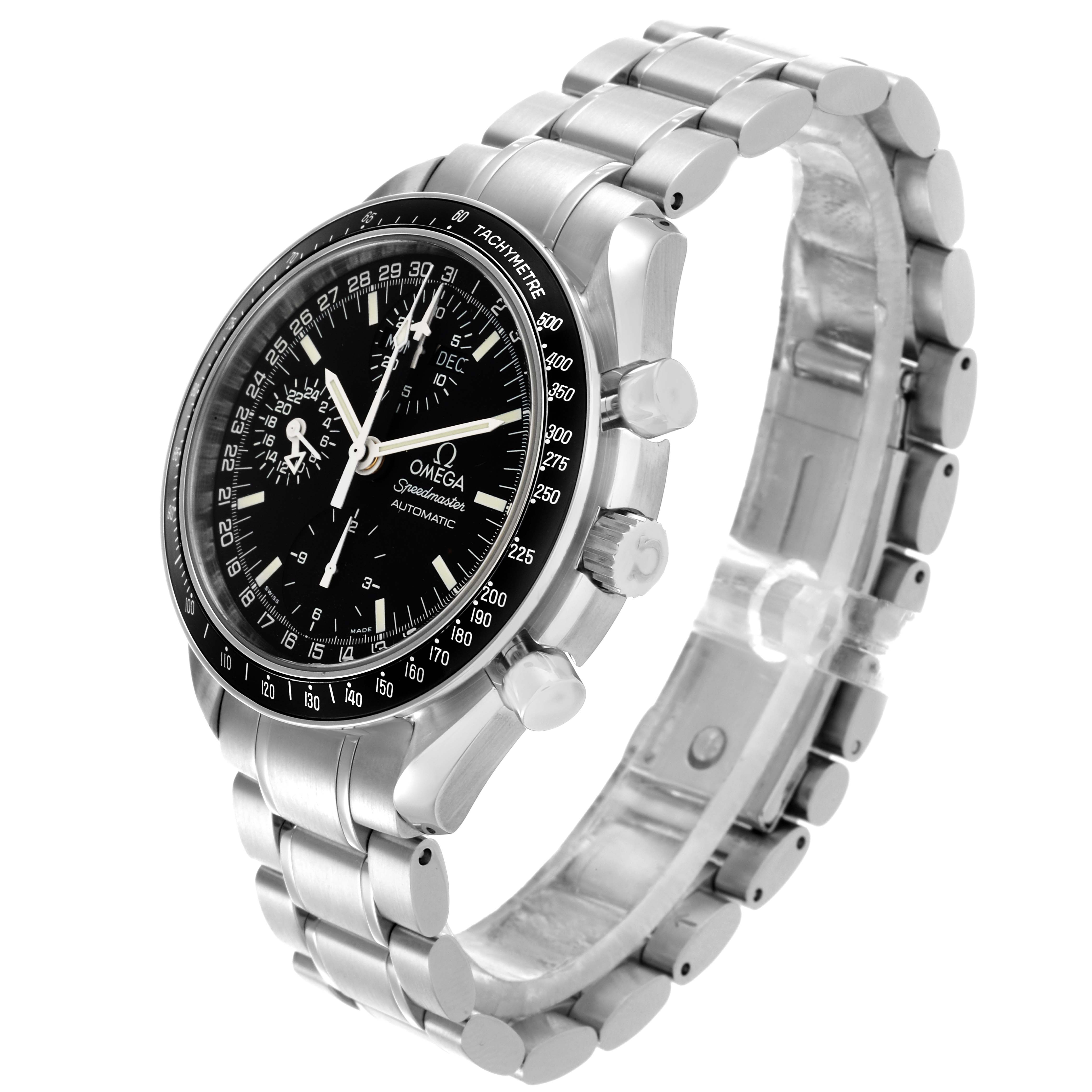 The Omega Speedmaster 3520.50.00 Men
s Stainless Steel Black Dial 3520.50.00 Men
s Stainless Steel Black Dial is shown at a three-quarter angle, displaying its face, tachymeter, crown, pushers, and bracelet.