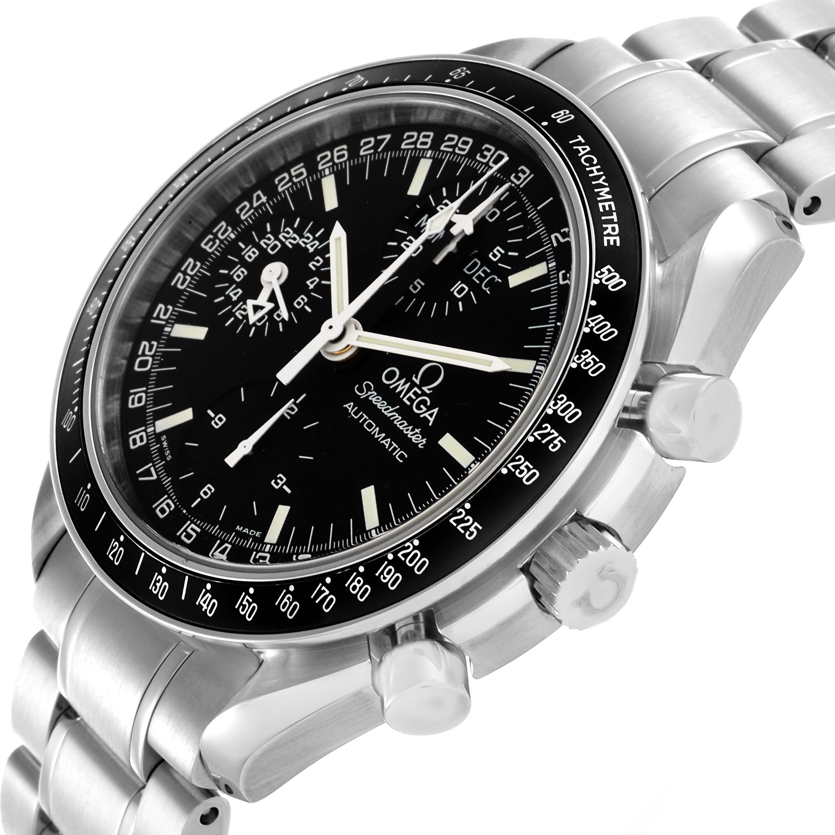 The Omega Speedmaster 3520.50.00 Men
s Stainless Steel Black Dial 3520.50.00 Men
s Stainless Steel Black Dial watch is shown from an angled side view, highlighting the dial, crown, pushers, and tachymeter bezel.