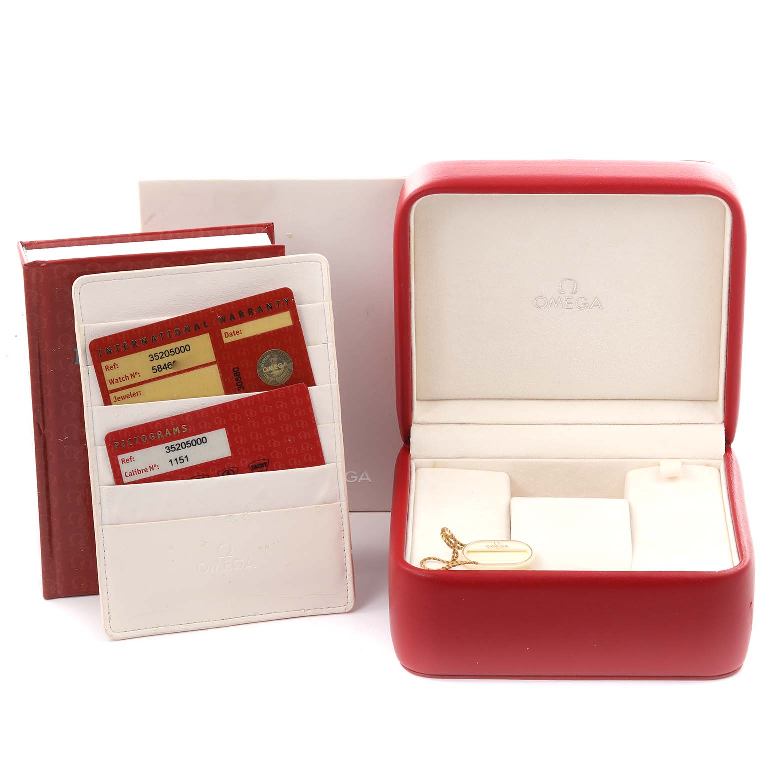 The image shows an Omega Speedmaster 3520.50.00 Men
s Stainless Steel Black Dial 3520.50.00 Men
s Stainless Steel Black Dial watch box, warranty cards, and a tag from a front angle.