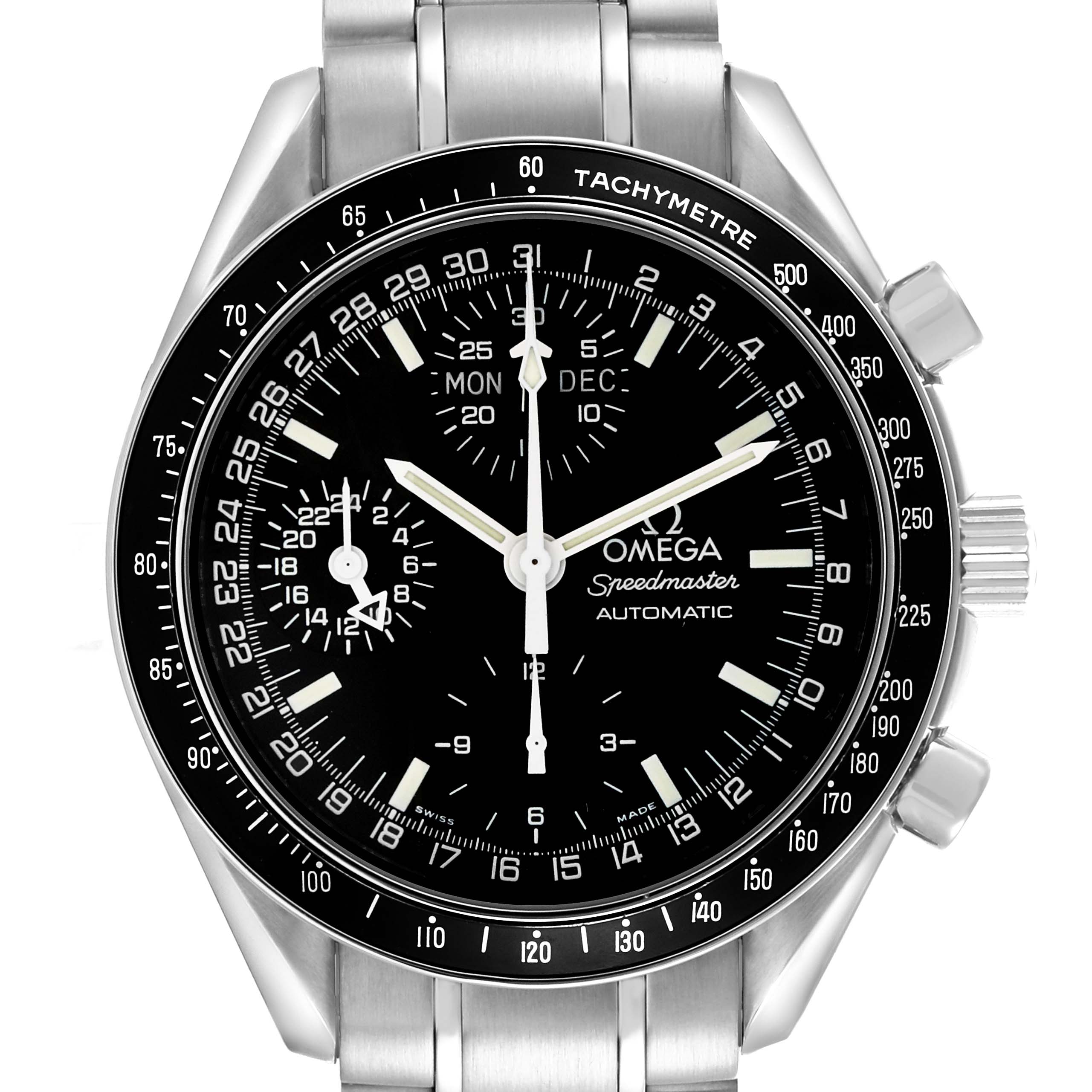 The Omega Speedmaster 3520.50.00 Men
s Stainless Steel Black Dial 3520.50.00 Men
s Stainless Steel Black Dial watch is shown from a front view, displaying the dial, tachymeter bezel, and part of the bracelet.