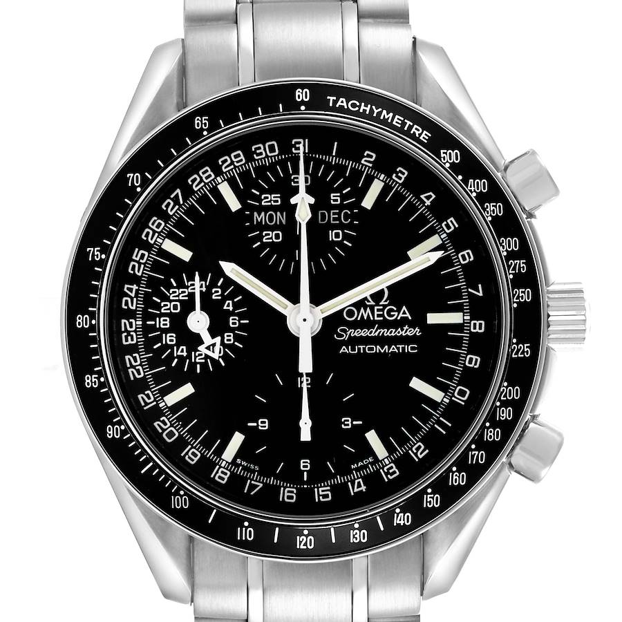 The Omega Speedmaster watch is shown from a front view, displaying the dial, tachymeter bezel, and part of the bracelet.