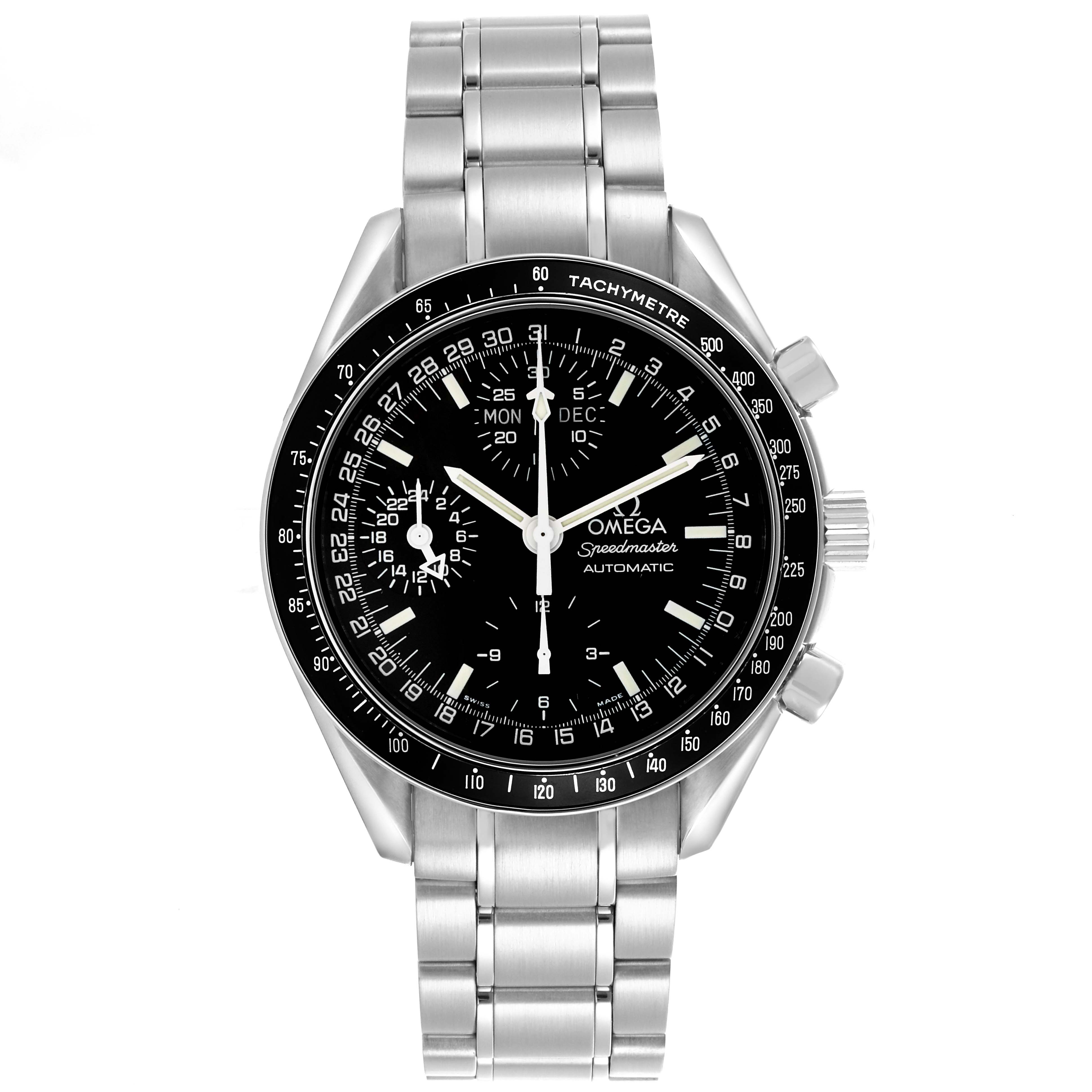 The Omega Speedmaster 3520.50.00 Men
s Stainless Steel Black Dial 3520.50.00 Men
s Stainless Steel Black Dial watch is shown from a front angle, displaying the dial, bezel, and metal bracelet.