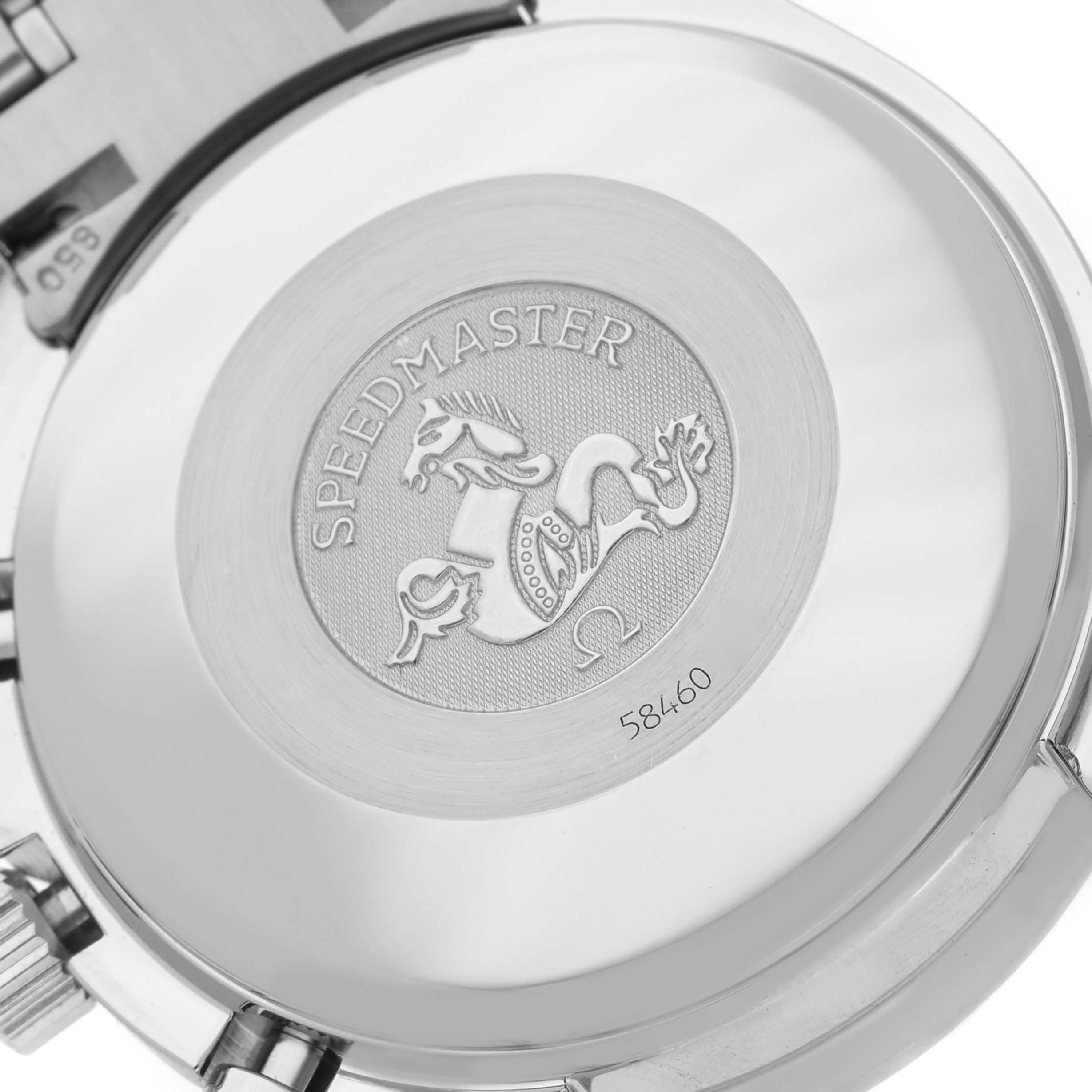 The image shows the back case of an Omega Speedmaster 3520.50.00 Men
s Stainless Steel Black Dial 3520.50.00 Men
s Stainless Steel Black Dial watch, highlighting the embossed logo and model details.