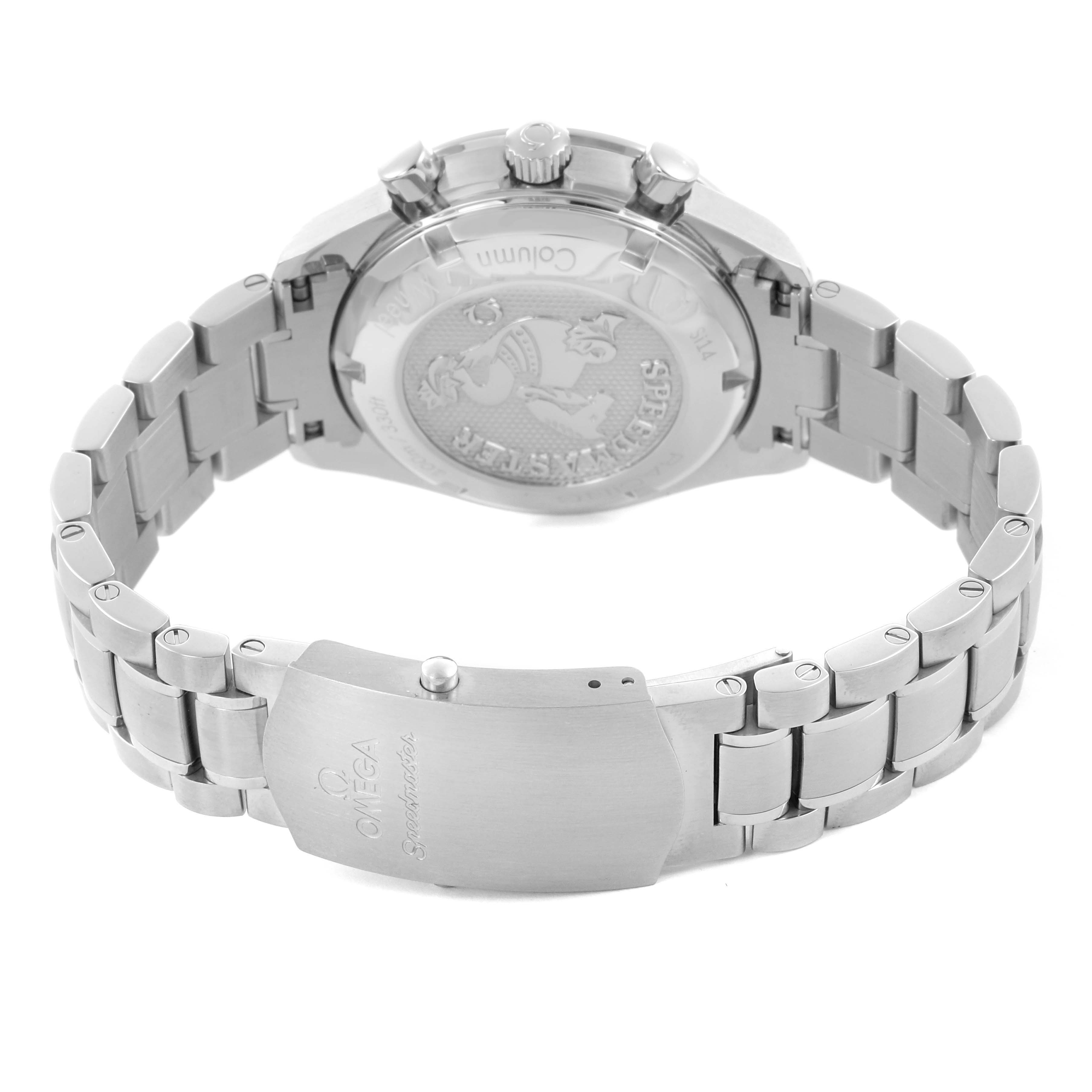 The image shows the back view and clasp of an Omega Speedmaster 326.30.40.50.02.001 Men
s Stainless Steel Silver Dial 326.30.40.50.02.001 Men
s Stainless Steel Silver Dial watch, highlighting the bracelet and case back.