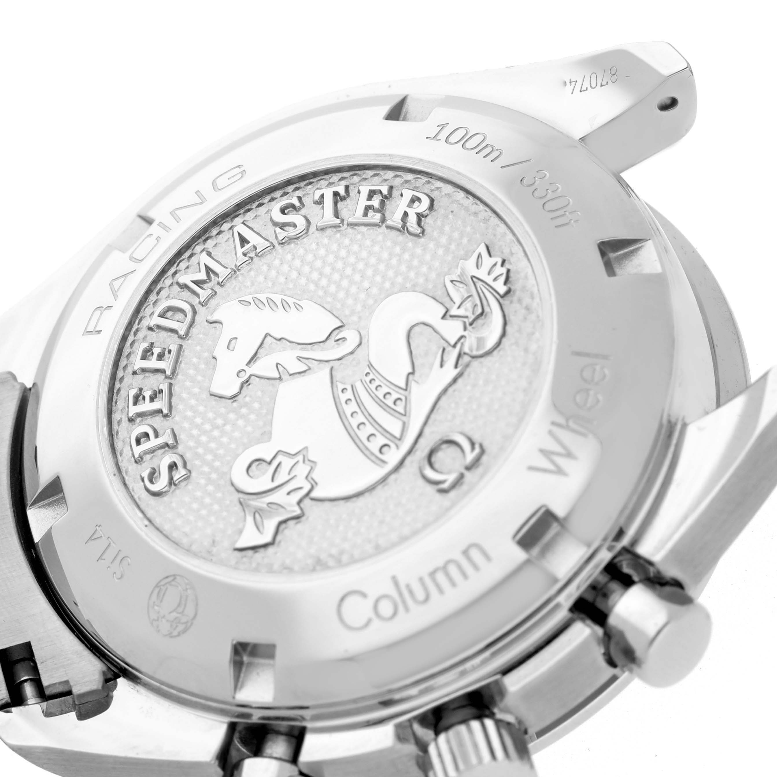 The image shows the back case of the Omega Speedmaster 326.30.40.50.02.001 Men
s Stainless Steel Silver Dial 326.30.40.50.02.001 Men
s Stainless Steel Silver Dial, highlighting the engraved logo and water resistance markings.