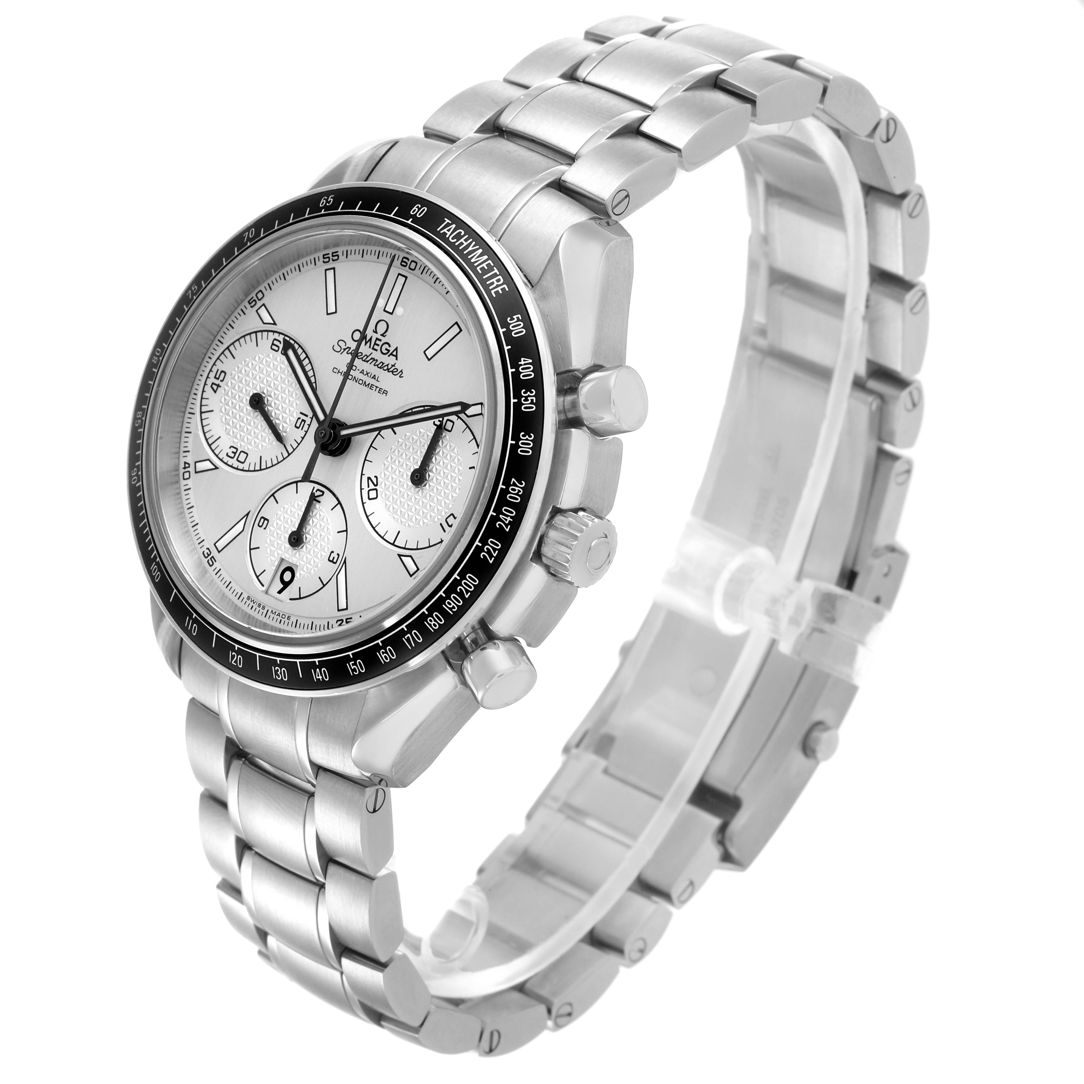 The Omega Speedmaster 326.30.40.50.02.001 Men
s Stainless Steel Silver Dial 326.30.40.50.02.001 Men
s Stainless Steel Silver Dial watch is shown at a three-quarter angle, highlighting the face, bezel, and bracelet.