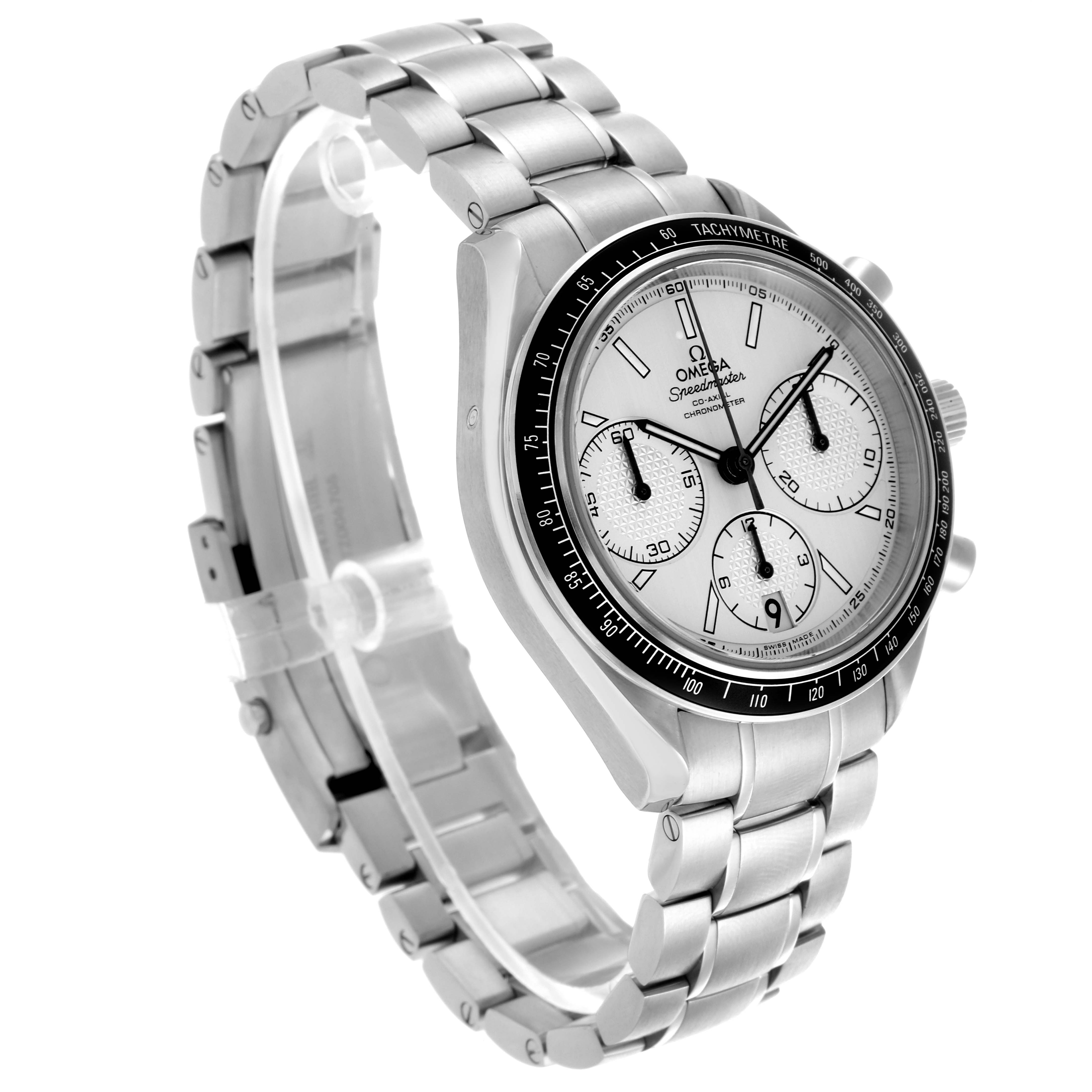The Omega Speedmaster 326.30.40.50.02.001 Men
s Stainless Steel Silver Dial 326.30.40.50.02.001 Men
s Stainless Steel Silver Dial watch is shown at an angle highlighting the face, tachymeter bezel, and stainless steel bracelet.