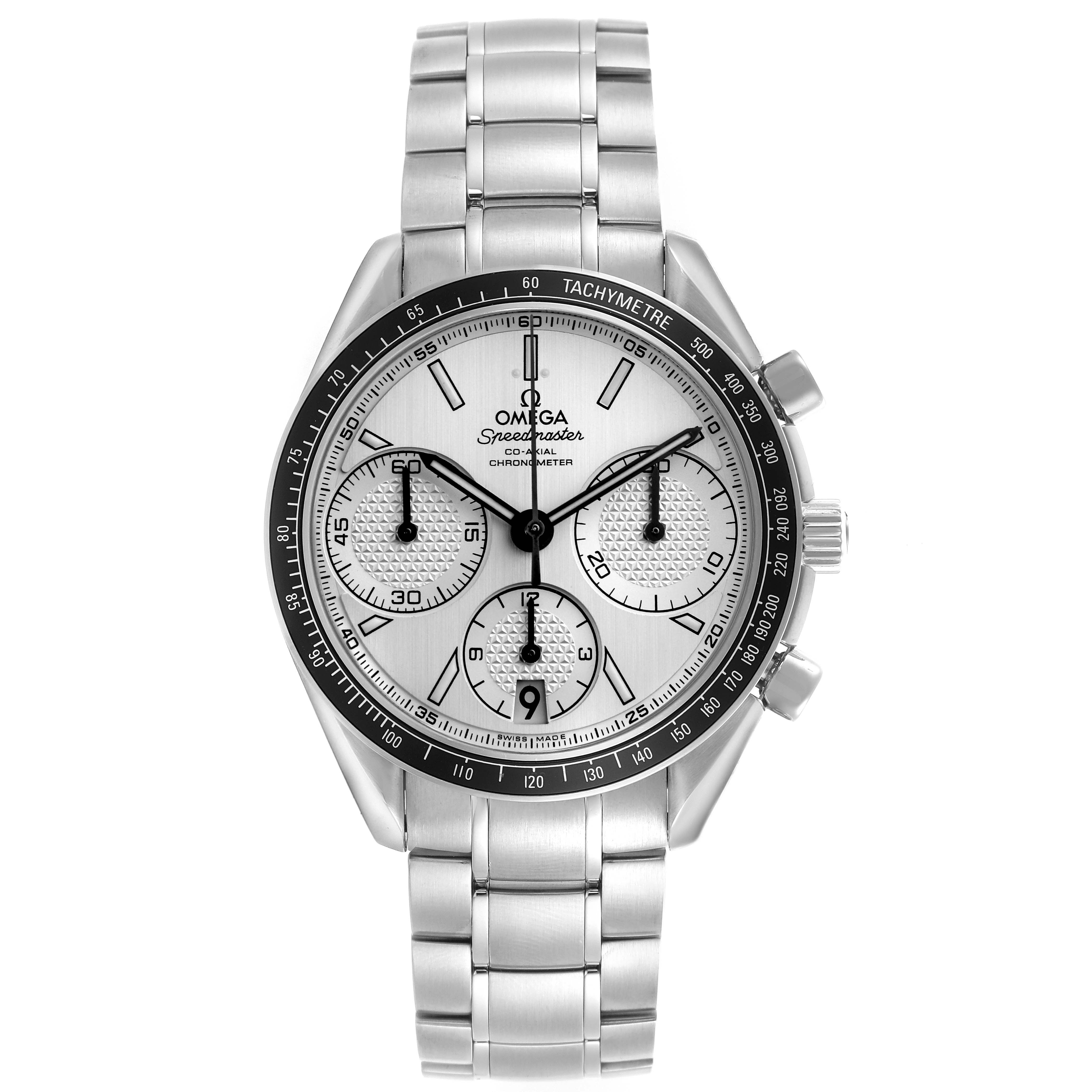 The Omega Speedmaster 326.30.40.50.02.001 Men
s Stainless Steel Silver Dial 326.30.40.50.02.001 Men
s Stainless Steel Silver Dial watch is shown from the front, displaying the face and stainless steel bracelet.