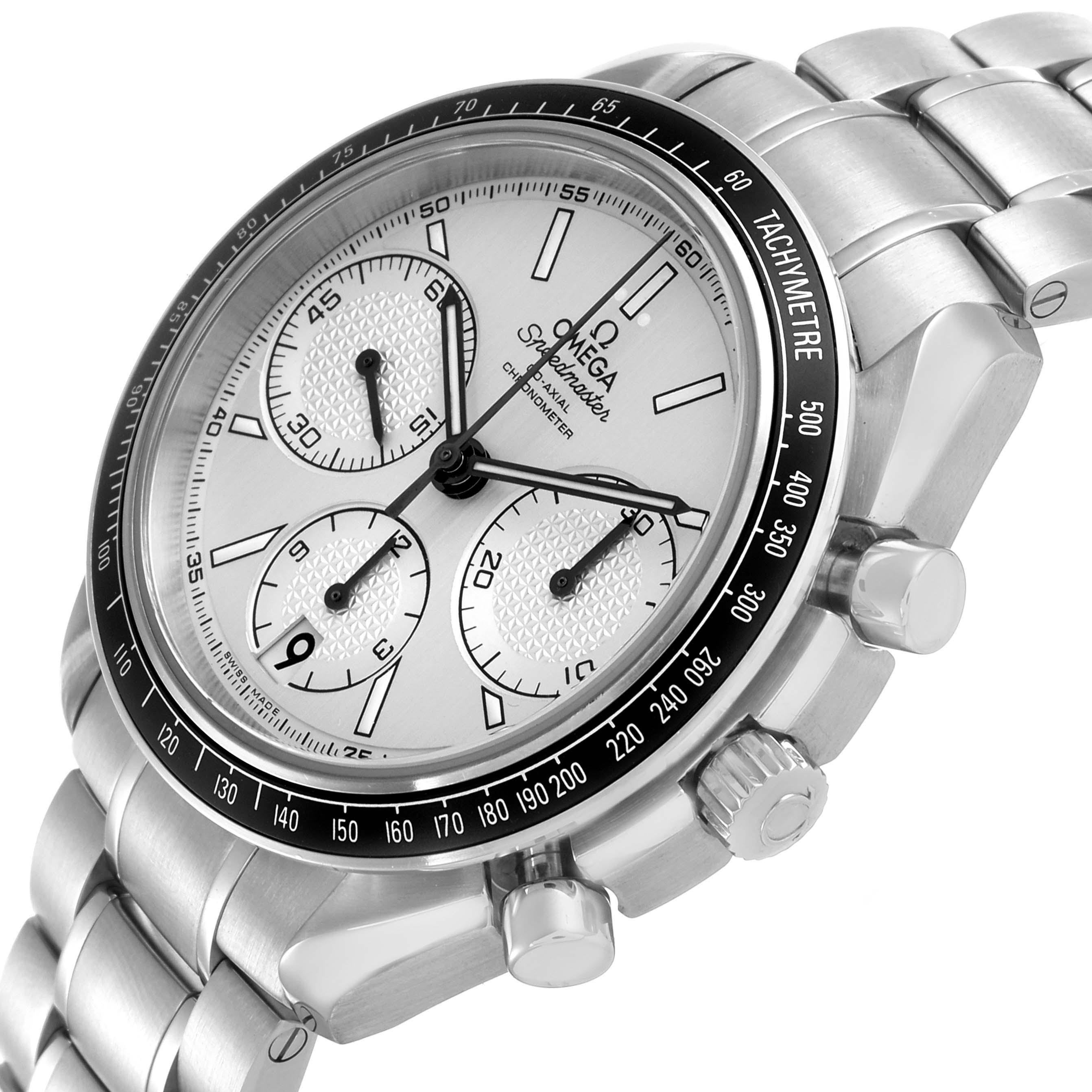 The Omega Speedmaster 326.30.40.50.02.001 Men
s Stainless Steel Silver Dial 326.30.40.50.02.001 Men
s Stainless Steel Silver Dial watch is shown at an angled side view, highlighting the dial, bezel, pushers, and bracelet.