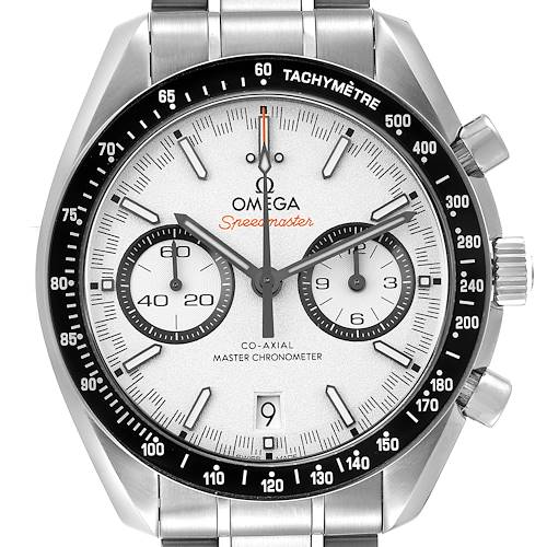 The image shows a frontal view of an Omega Speedmaster 329.30.44.51.04.001 Men's Stainless Steel Silver Dial, highlighting the dial, tachymeter bezel, and crown.