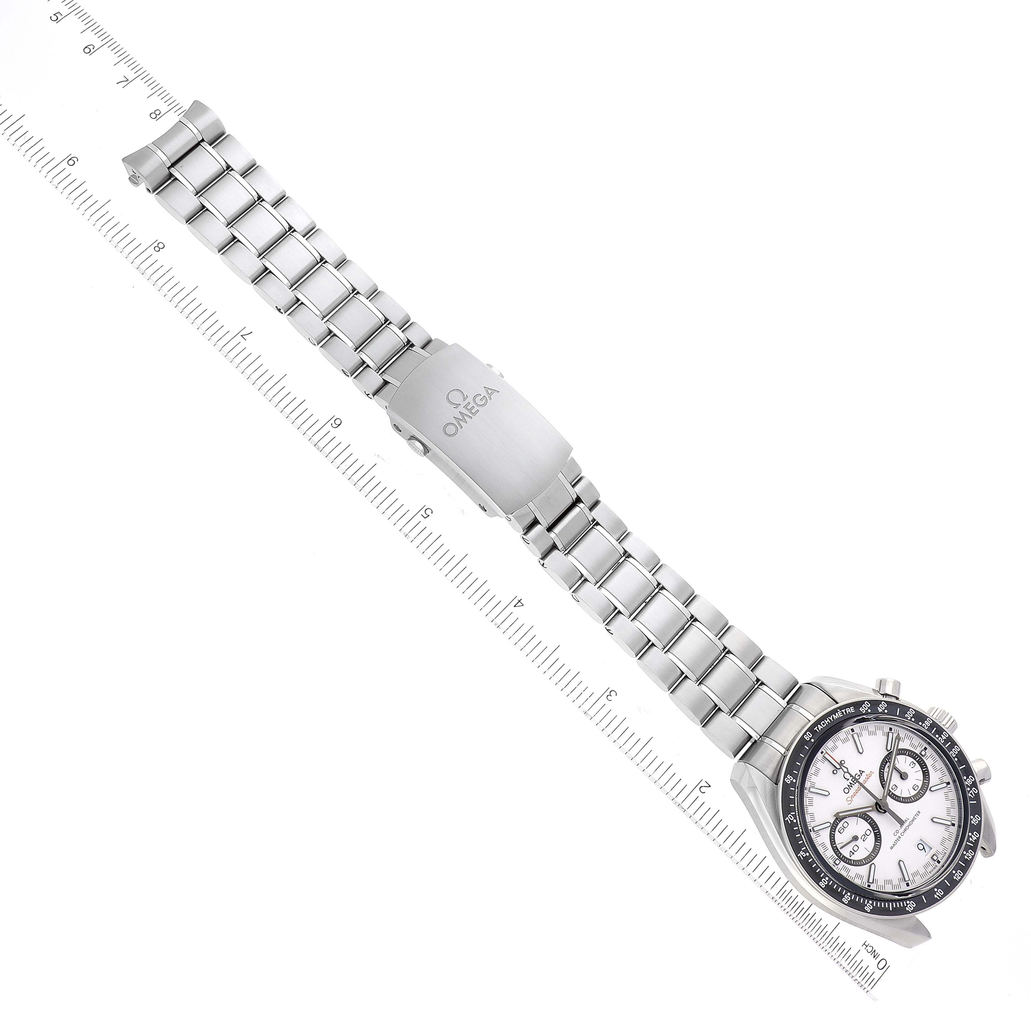 The Omega Speedmaster 329.30.44.51.04.001 Men's Stainless Steel Silver Dial watch is shown from above, featuring the face, bezel, bracelet, and clasp.