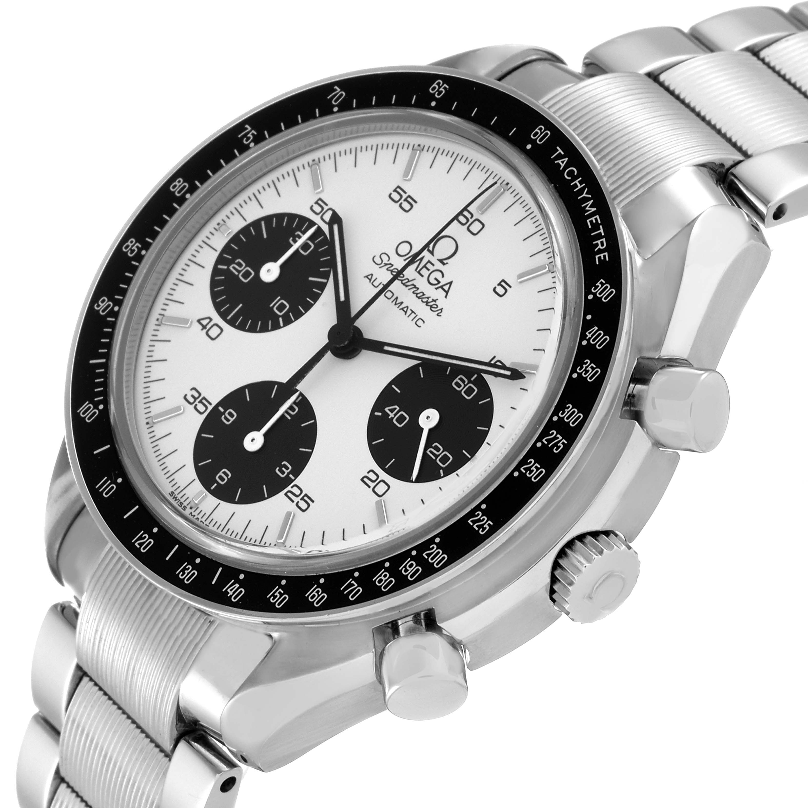 The image shows a side and front angle of the Omega Speedmaster 3539.31.00 Men's Stainless Steel Silver Dial 3539.31.00 Men's Stainless Steel Silver Dial watch, featuring its dial, bezel, crown, and pushers.