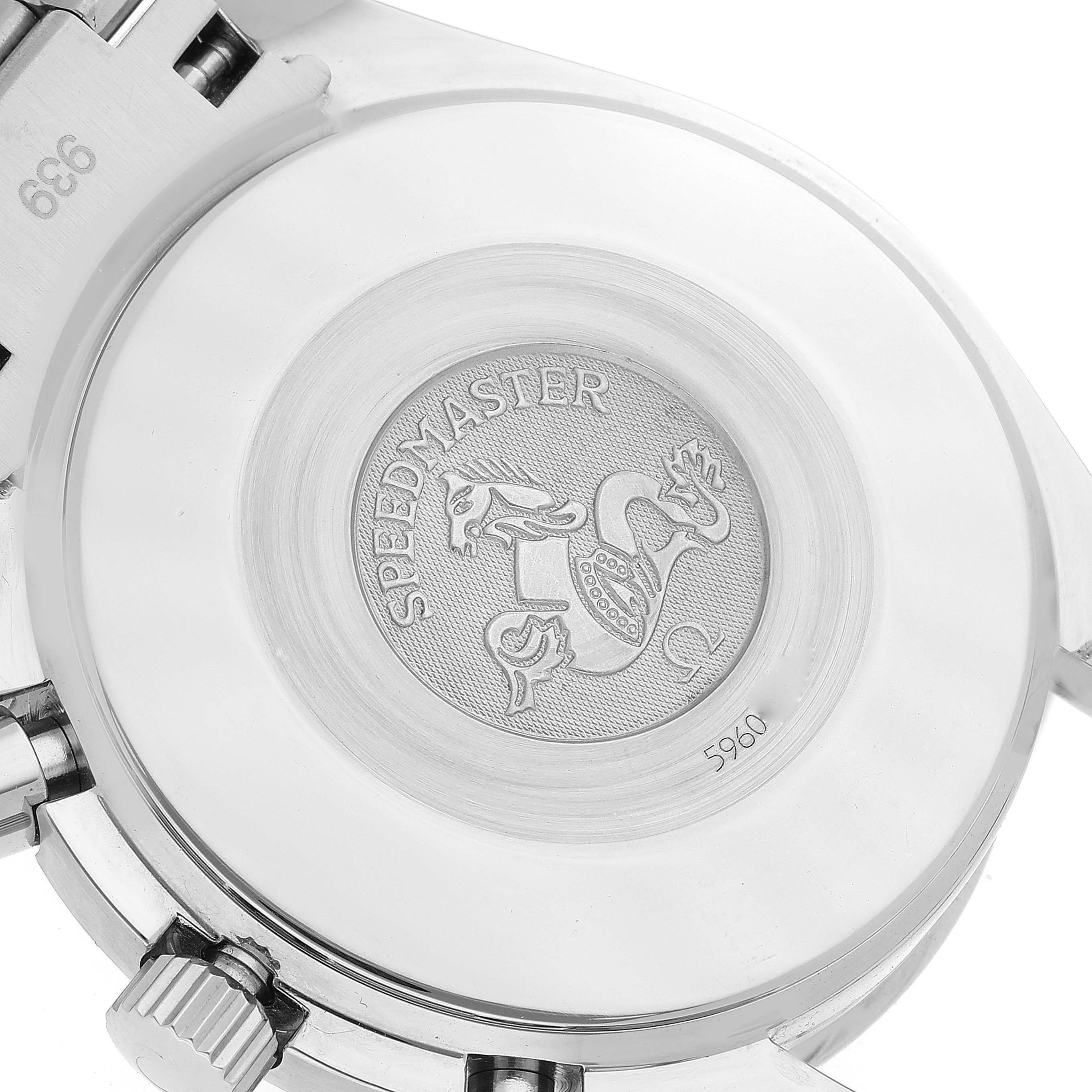 The image shows the case back of an Omega Speedmaster 3539.31.00 Men's Stainless Steel Silver Dial 3539.31.00 Men's Stainless Steel Silver Dial watch.