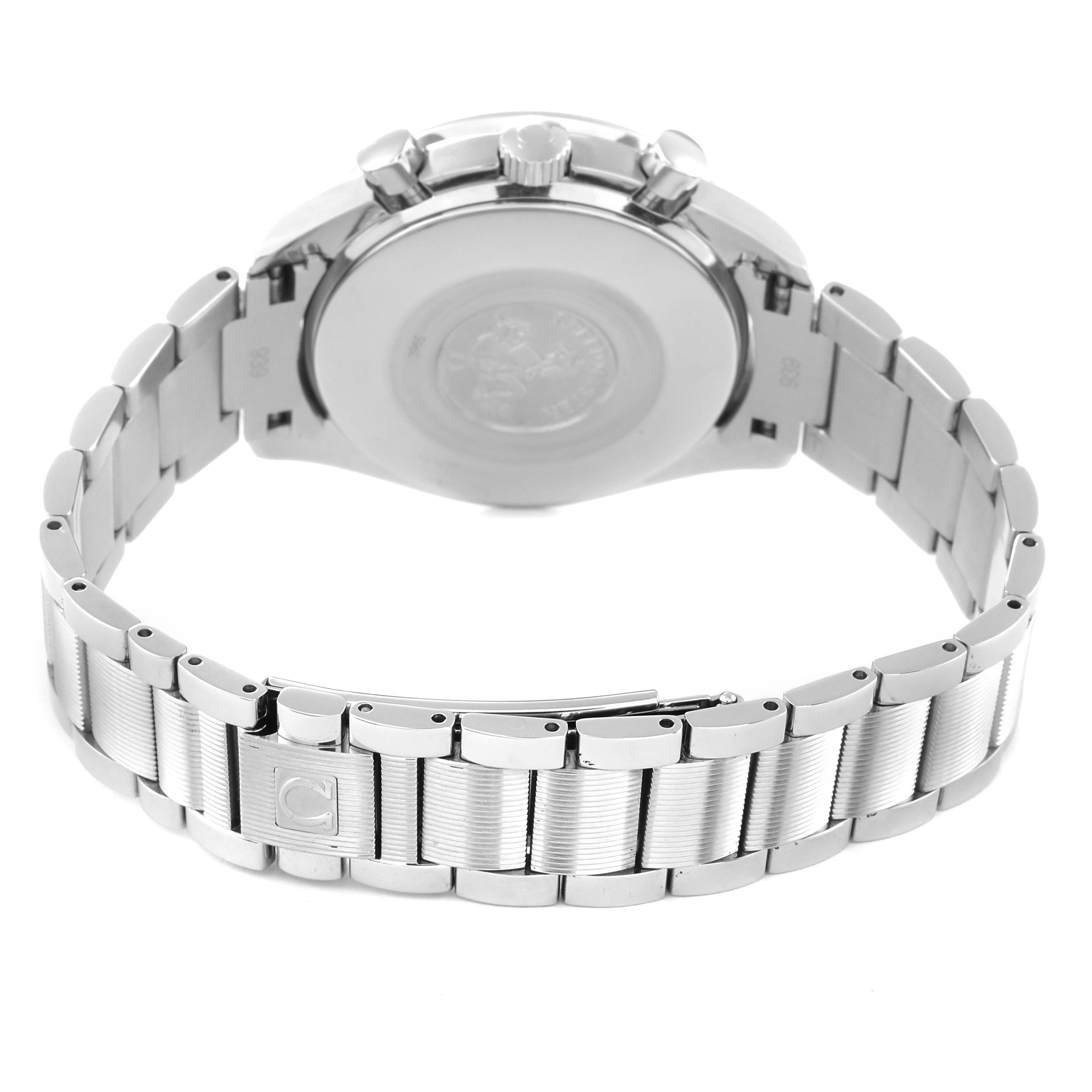 This image shows the back view of an Omega Speedmaster 3539.31.00 Men's Stainless Steel Silver Dial 3539.31.00 Men's Stainless Steel Silver Dial watch, focusing on the bracelet and case back.