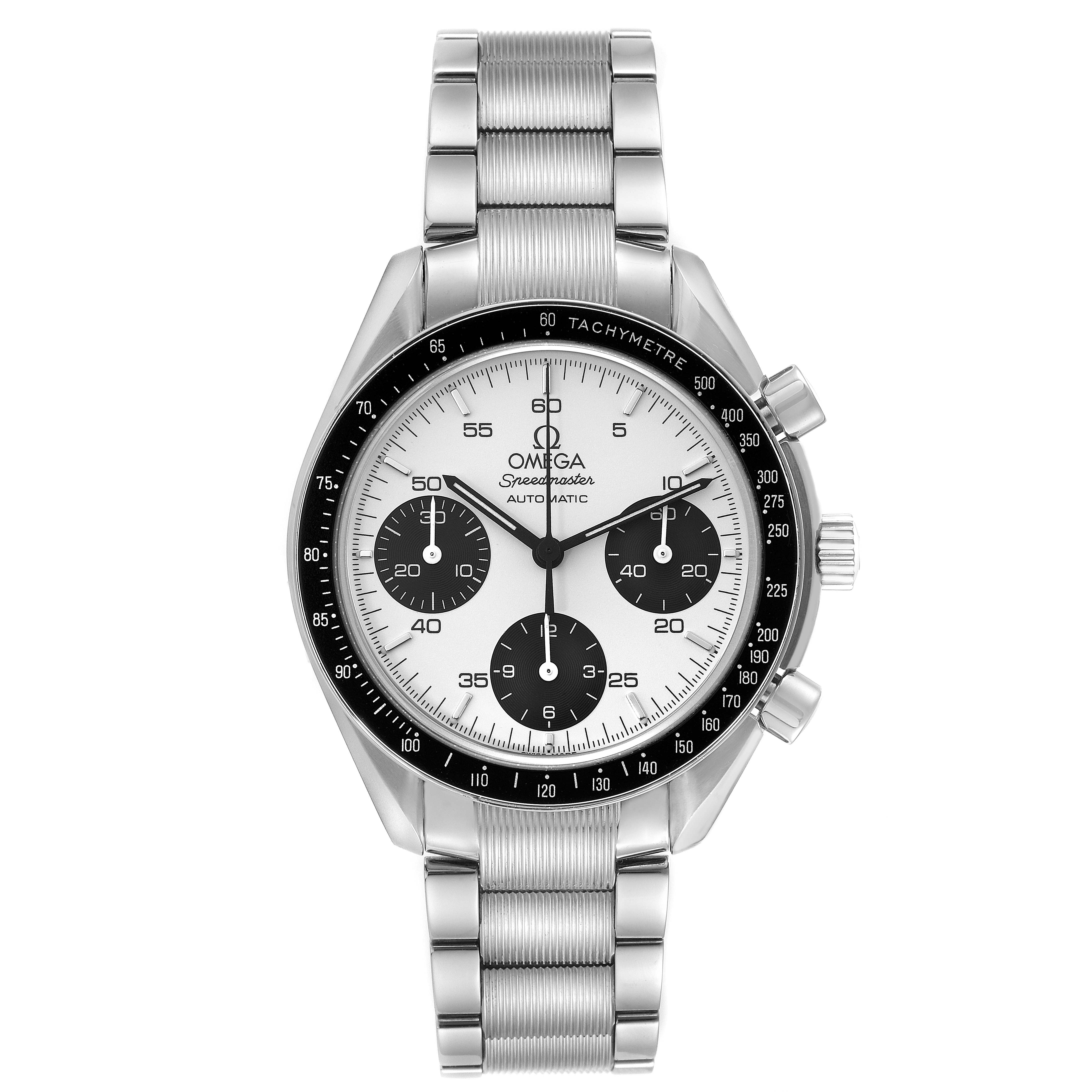 The image shows a frontal view of an Omega Speedmaster 3539.31.00 Men's Stainless Steel Silver Dial 3539.31.00 Men's Stainless Steel Silver Dial watch, showcasing the dial and stainless steel bracelet.