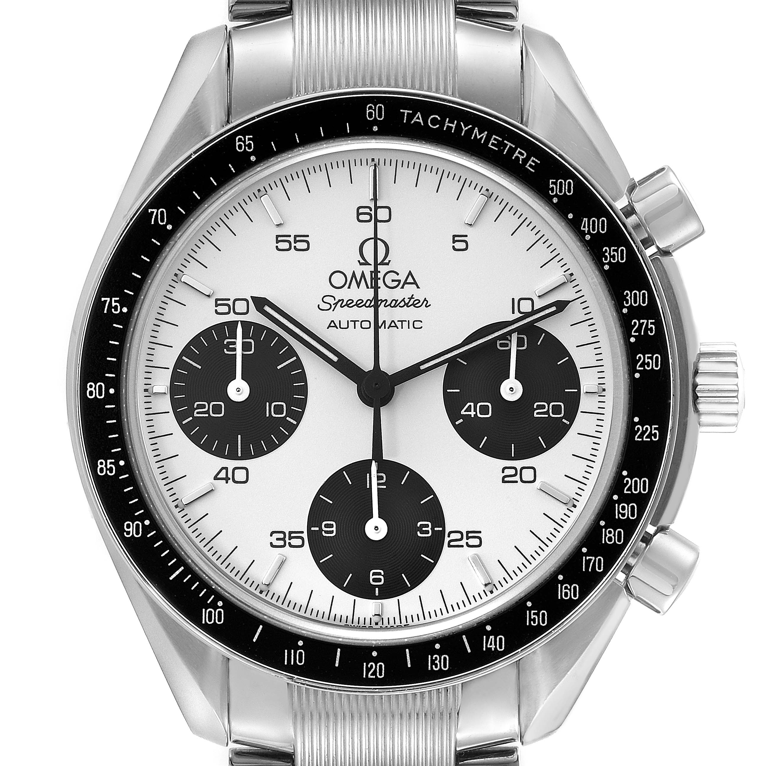 The image shows a front view of an Omega Speedmaster 3539.31.00 Men's Stainless Steel Silver Dial 3539.31.00 Men's Stainless Steel Silver Dial watch, highlighting its dial, bezel, and chronograph sub-dials.