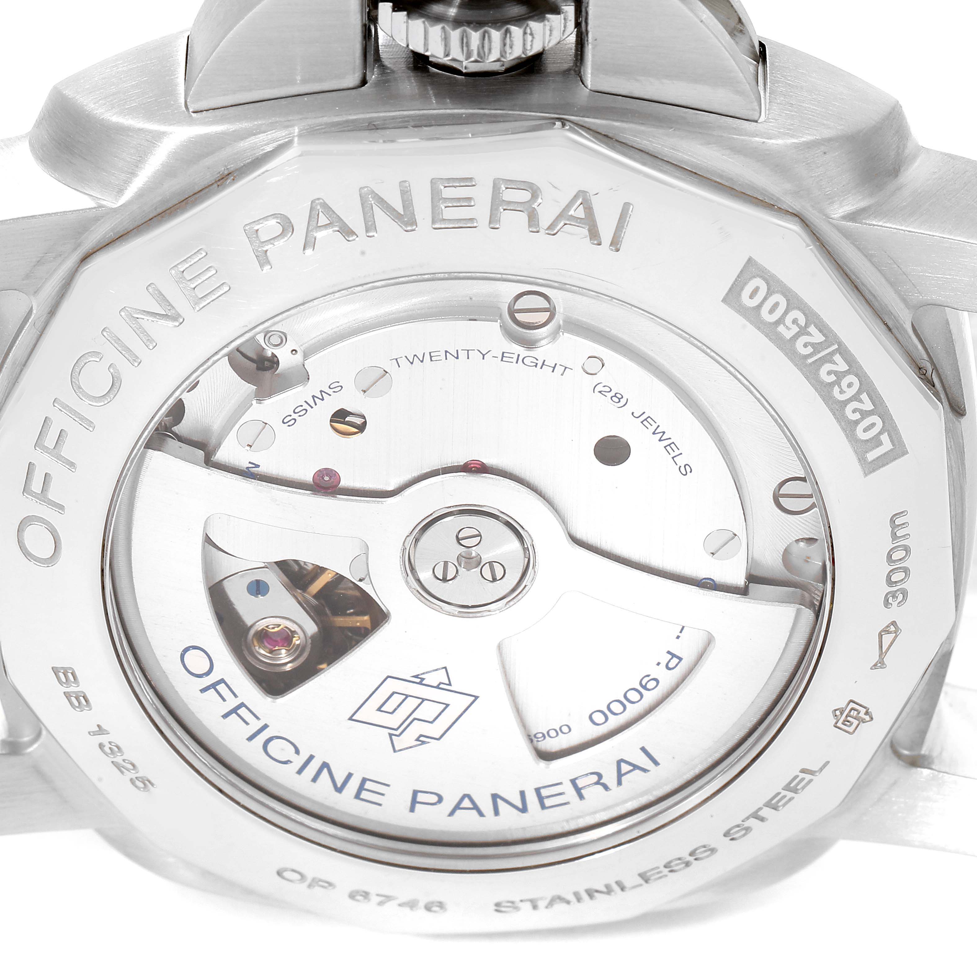 The image shows a close-up of the back of a Panerai Luminor PAM00312 Men
s Stainless Steel Black Dial PAM00312 Men
s Stainless Steel Black Dial watch, revealing its inner mechanical movement.