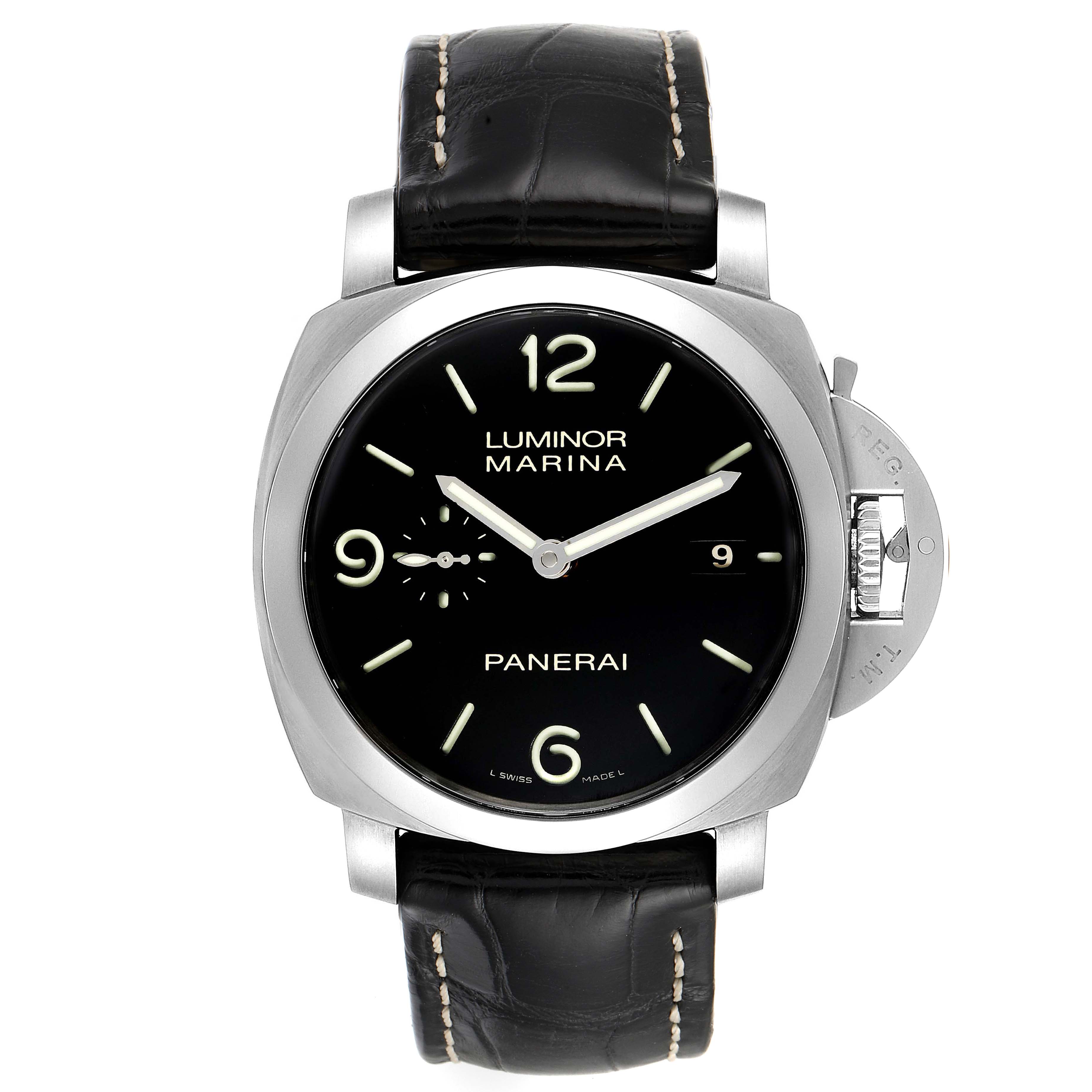 This image shows a frontal view of the Panerai Luminor PAM00312 Men
s Stainless Steel Black Dial PAM00312 Men
s Stainless Steel Black Dial Marina watch, displaying the dial, bezel, and leather strap.