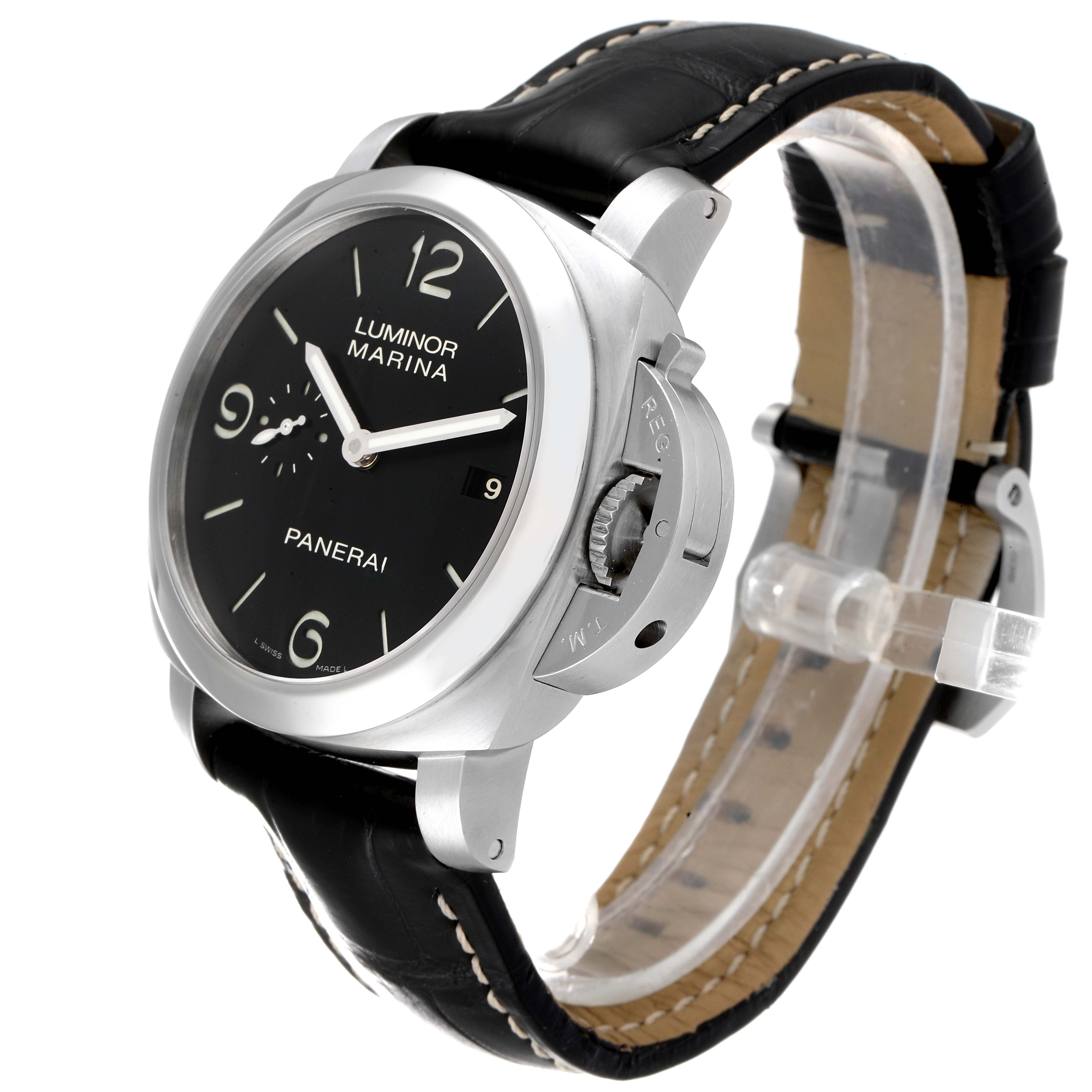 The Panerai Luminor PAM00312 Men
s Stainless Steel Black Dial PAM00312 Men
s Stainless Steel Black Dial watch is shown at a three-quarter angle, focusing on the dial, case, crown guard, and leather strap.