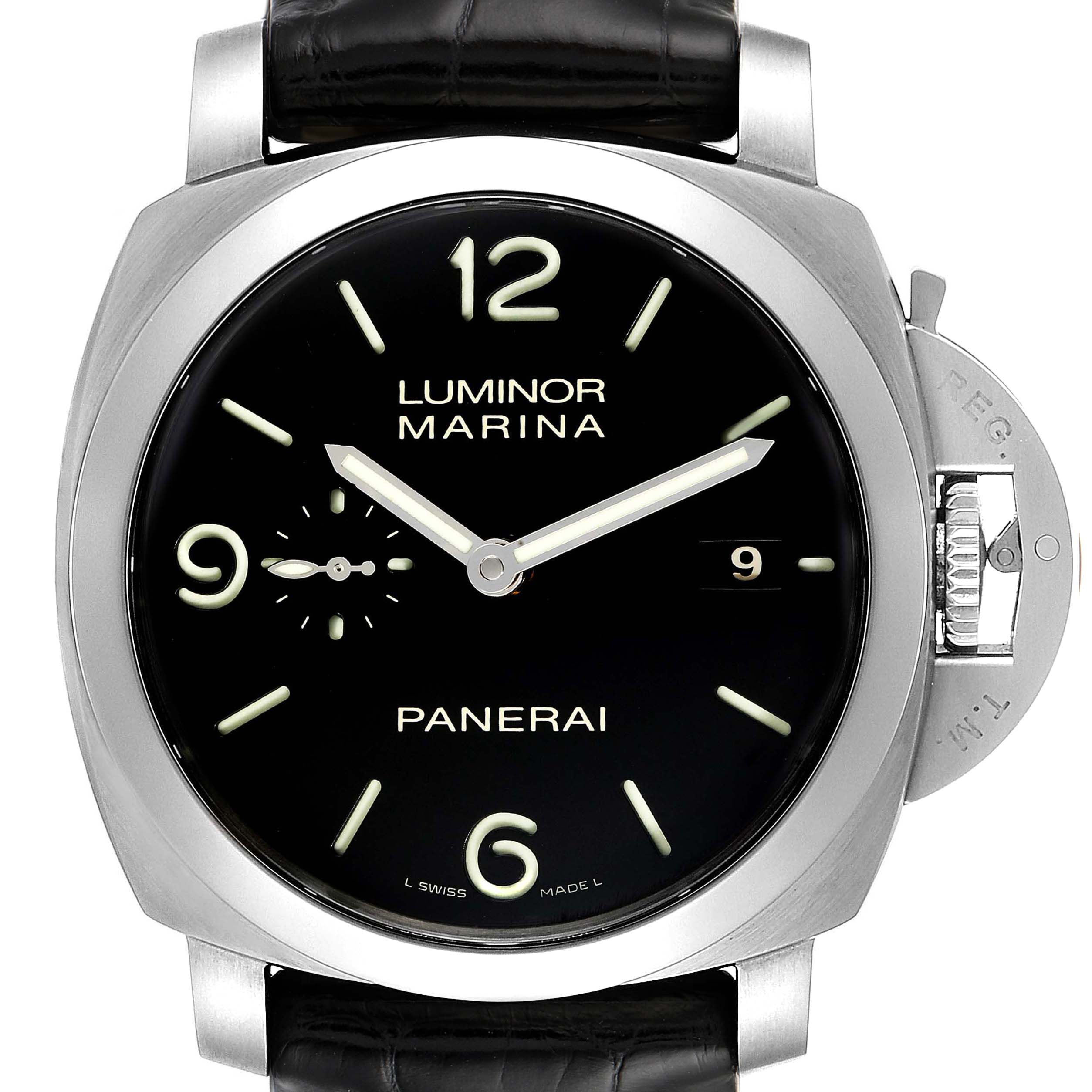 The image shows a front view of a Panerai Luminor PAM00312 Men
s Stainless Steel Black Dial PAM00312 Men
s Stainless Steel Black Dial Marina watch with a black dial and luminous markers.