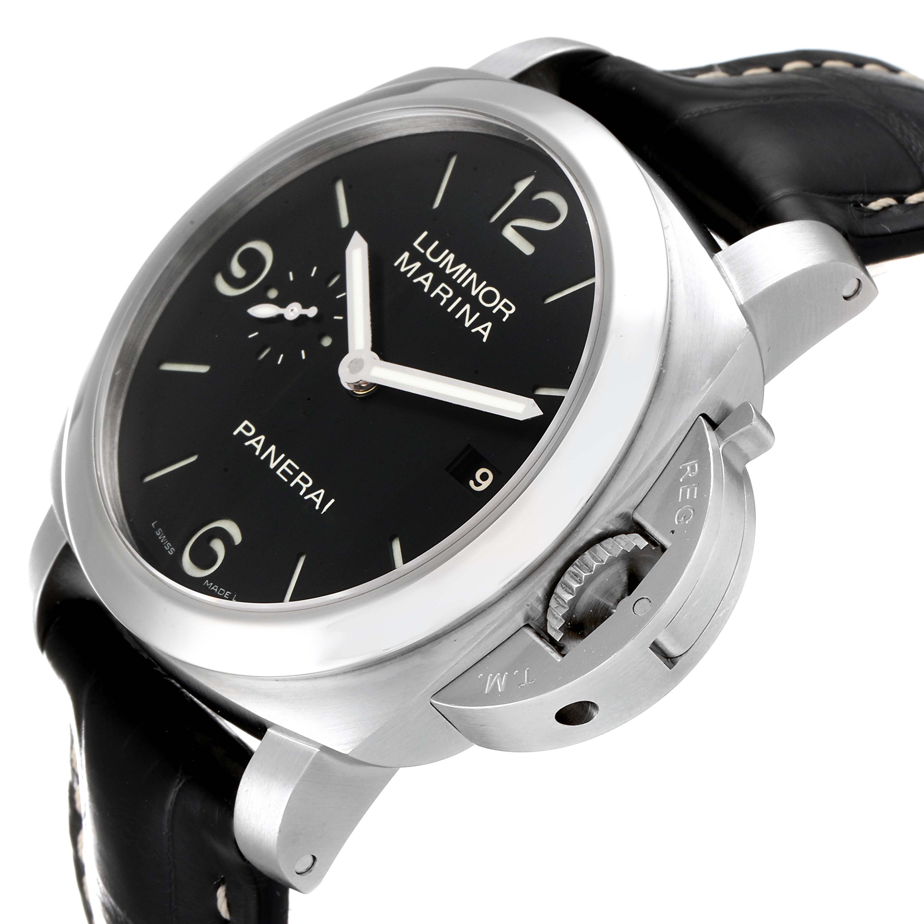 This is an angled view of the Panerai Luminor PAM00312 Men
s Stainless Steel Black Dial PAM00312 Men
s Stainless Steel Black Dial watch, showing the black dial, crown guard, and black leather strap.
