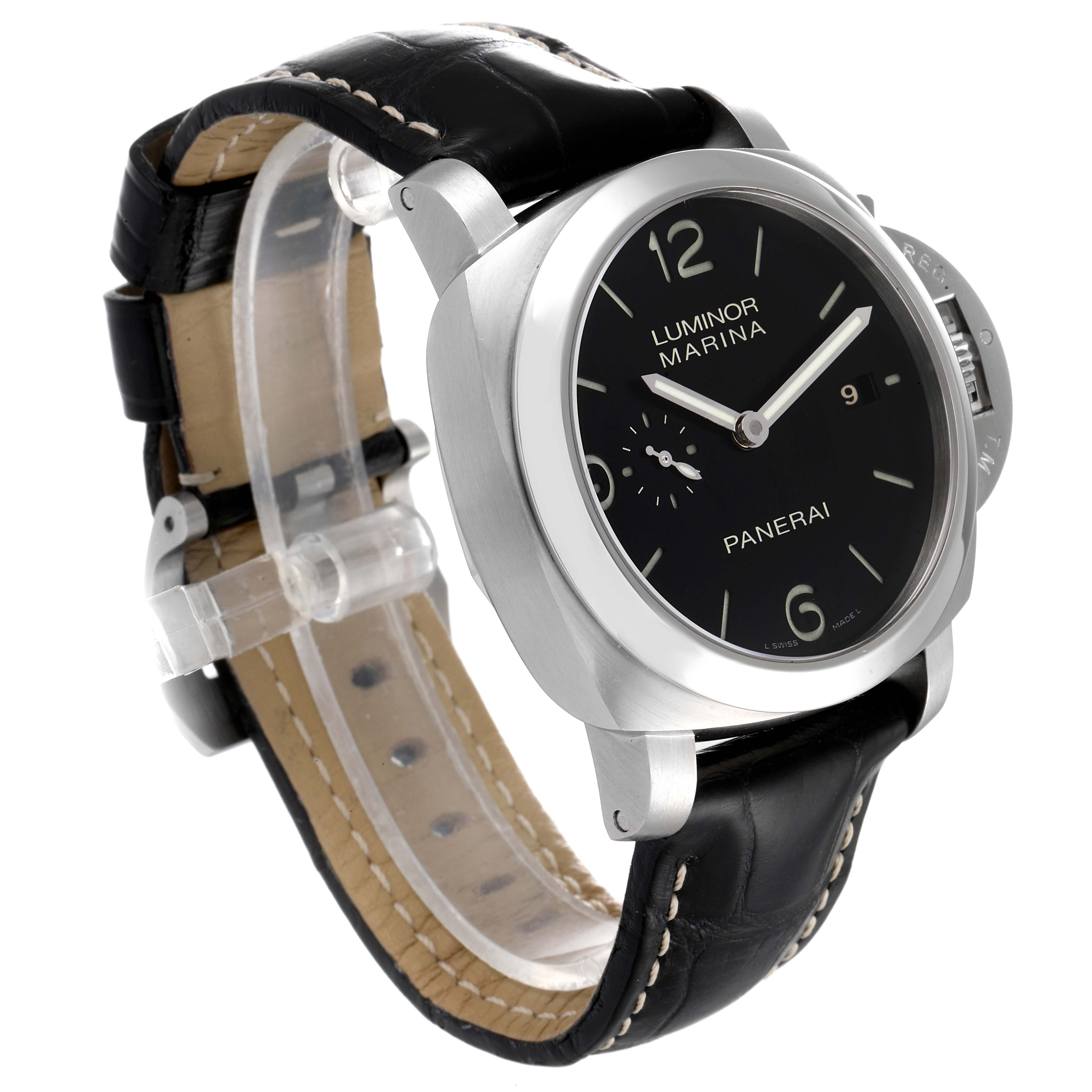 The image shows a Panerai Luminor PAM00312 Men
s Stainless Steel Black Dial PAM00312 Men
s Stainless Steel Black Dial watch at a three-quarter angle, highlighting its dial, case, and leather strap.