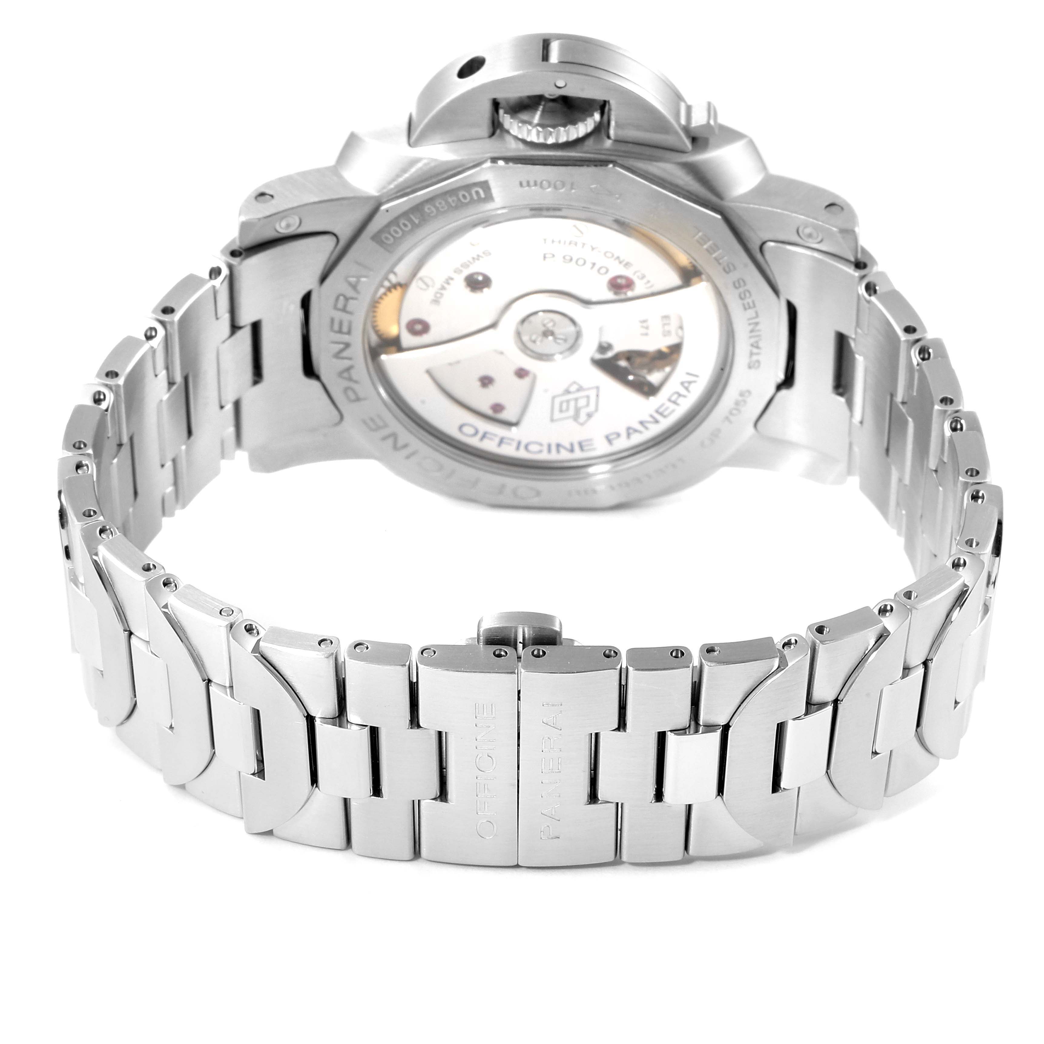 The image shows the back view of a Panerai Luminor PAM00722 Men
s Stainless Steel Black Dial PAM00722 Men
s Stainless Steel Black Dial watch, focusing on the stainless steel case and visible movement components.