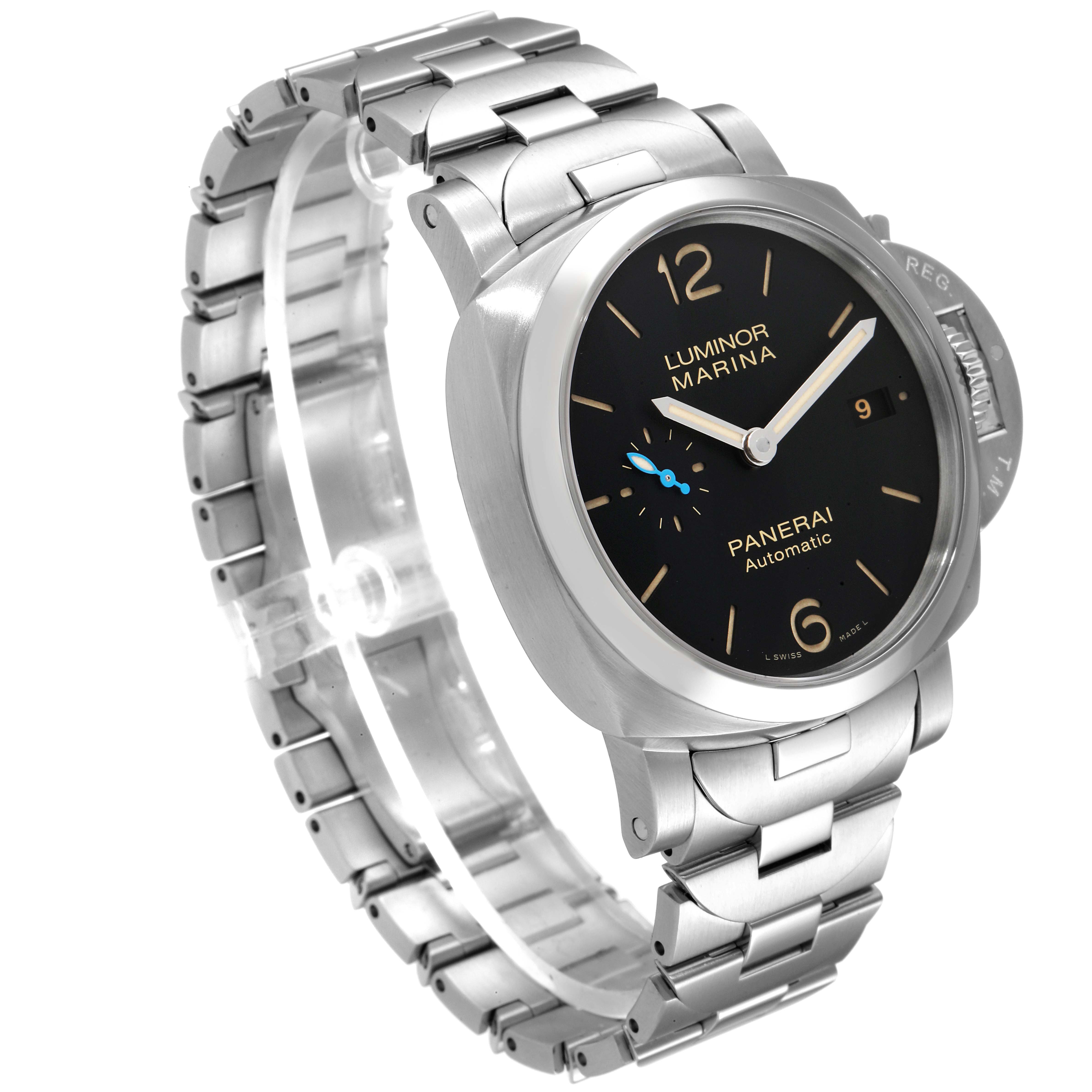 The image shows a Panerai Luminor PAM00722 Men
s Stainless Steel Black Dial PAM00722 Men
s Stainless Steel Black Dial Marina watch at a three-quarter angle, highlighting the watch face, stainless steel case, and bracelet.