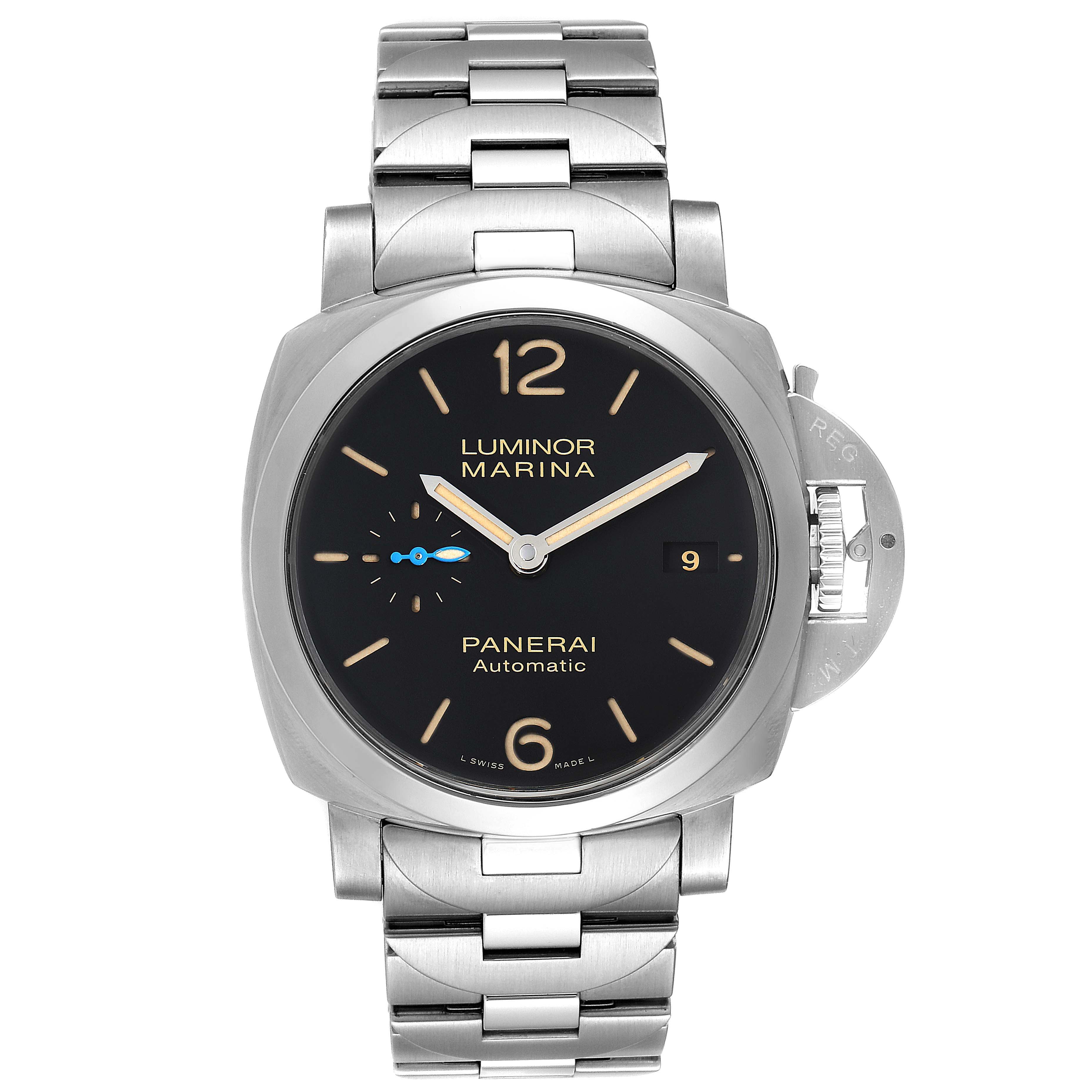 This image shows a front view of a Panerai Luminor PAM00722 Men
s Stainless Steel Black Dial PAM00722 Men
s Stainless Steel Black Dial Marina watch with its dial, case, and metal strap visible.