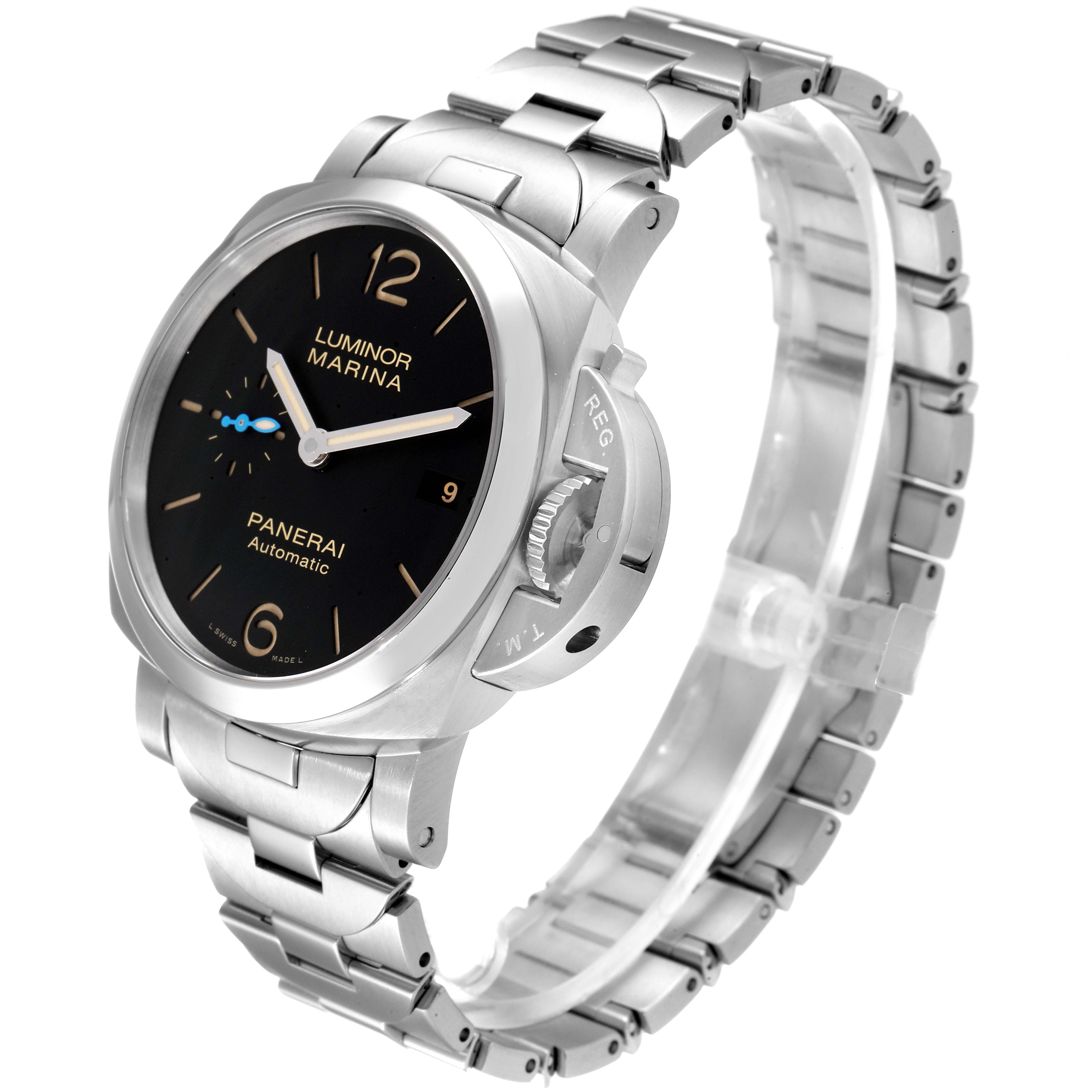 The image shows a Panerai Luminor PAM00722 Men
s Stainless Steel Black Dial PAM00722 Men
s Stainless Steel Black Dial Marina watch at a slight angle, highlighting its stainless steel case and bracelet.