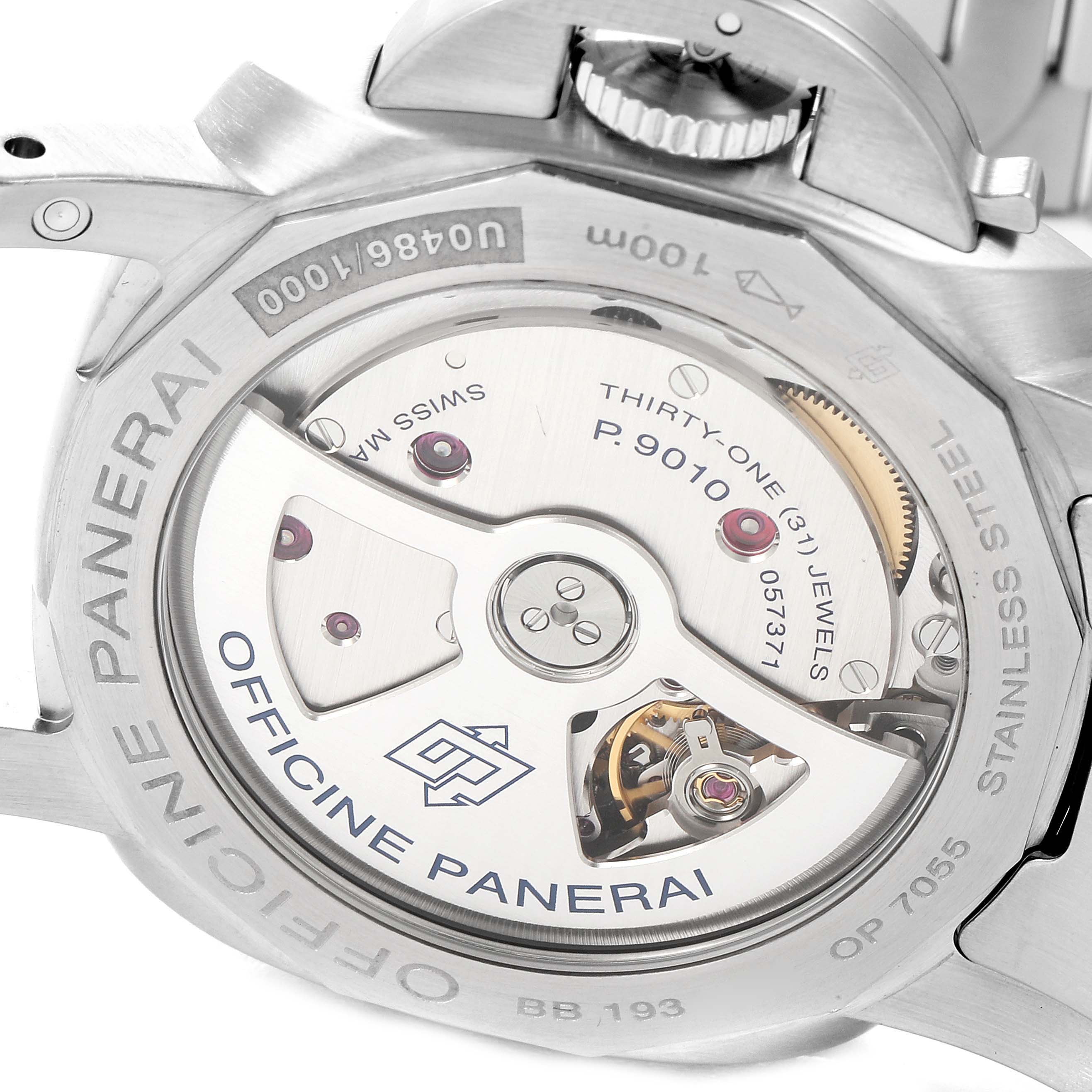 The image shows the back of a Panerai Luminor PAM00722 Men
s Stainless Steel Black Dial PAM00722 Men
s Stainless Steel Black Dial watch, highlighting the P.9010 movement and stainless steel casing.