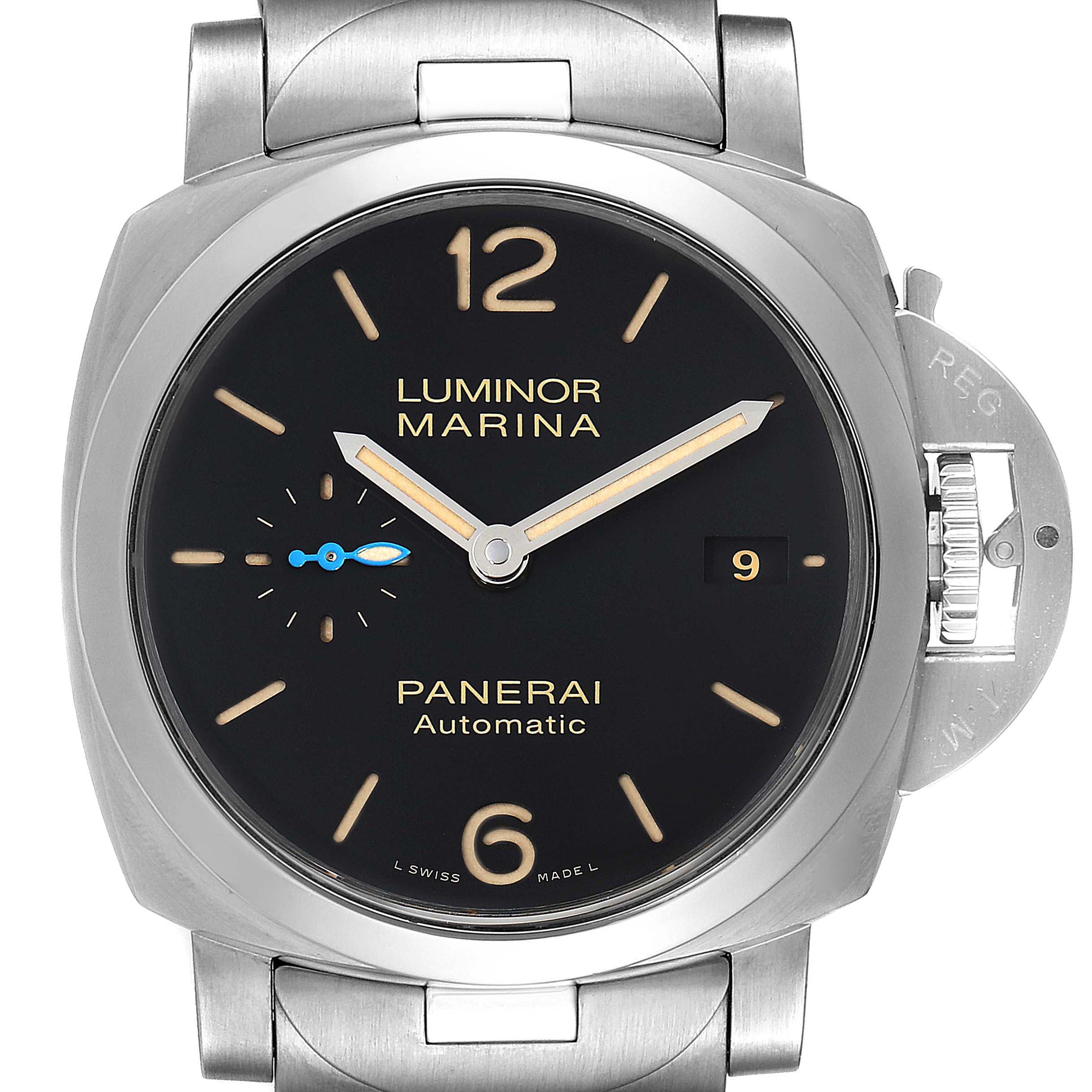 This Panerai Luminor PAM00722 Men
s Stainless Steel Black Dial PAM00722 Men
s Stainless Steel Black Dial model watch is shown from a front angle, displaying its dial, hands, and crown guard.