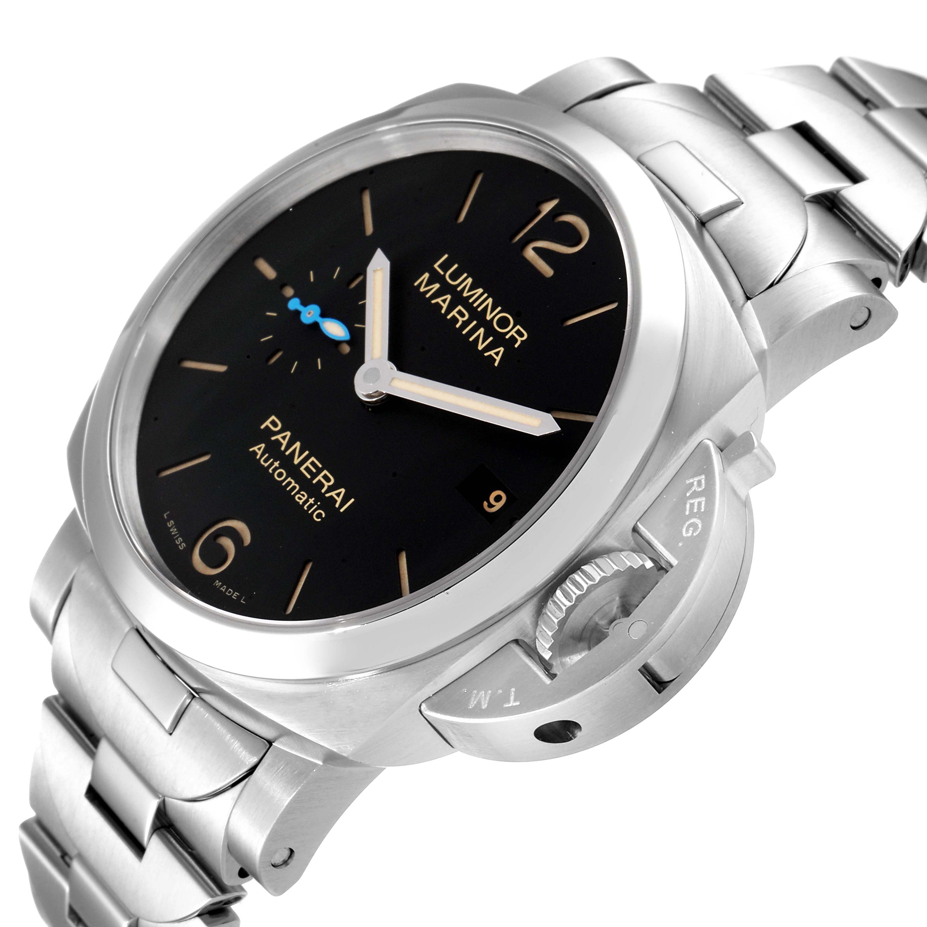 This image shows a close-up of the Panerai Luminor PAM00722 Men
s Stainless Steel Black Dial PAM00722 Men
s Stainless Steel Black Dial watch, focusing on the dial and crown guard from a tilted angle.
