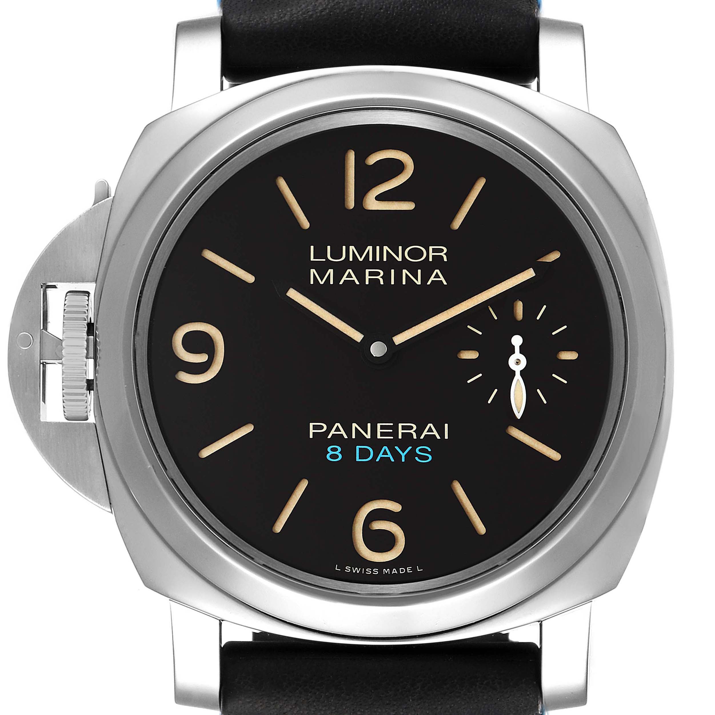 The image shows a front view of a Panerai Luminor PAM00796 Men
s Stainless Steel Black Dial PAM00796 Men
s Stainless Steel Black Dial Marina watch, displaying the dial, numerals, hands, and crown guard.